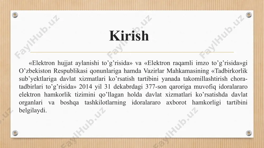 ’yoriy-metodik ta’minlanishini tashkil qilish, davlat organlarida foydalanilayotgan axborot tizimlari, axborot resurslari va ma’lumotlar bazalarini ishlab chiqish va integrasiyalashni ta’minlaydi. davlat organlari elektron hukumat sohasida yagona davlat siyosatini amalga oshirishda ishtirok etadi. daj xujjatlari quyidagi asosiy belgilari buyicha turkumlashtiriladi va natijada davlat arxivlari tizimini tashkil kiladi: 1) ayrim tarixiy davrlarga tegishli xujjatlar; 2) respublika va maxalliy idoralarga tegishli xujjatlar; 3) ayrim viloyat, shaxar va tumanlarga tegishli xujjatlar; 4) davlat va jamoat faoliyatining ayrim soxalariga tegishli xujjatlar (masalan, adabiet va san`at, xarbiy va boshka soxalar); 5) xujjatlarni tayerlash uslubi va texnikasiga. arxivlar doirasida xujjatlarni turkumlash arxivlar doirasida xujjatlar arxiv jamgarmalari buyicha turkumlashtiriladi. arxiv jamgarmasi —bu ma`lum tashkilot, idora, korxona eki ayrim shaxs faoliyati natijasida vujudga kelgan arxiv xujjatlaridir. arxiv jamgarmalari xajmi jixatidan katta eki kichik bulishi mumkin. masalan, 1—15 ta ish jildidan iborat arxiv jamgarmasi xam bulishi mumkin. arxiv jamgarmasi doirasida xujjatlarni turkumlash arxiv jamgarmasi doirasida xujjatlar yigma jildlar buyicha turkumlashtiriladi. arxiv …