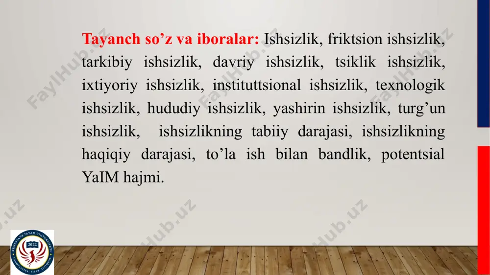 tabiiy ishsizlikning navbatdagi turi hisoblanadi. ishsizlik bu turini mehnat bozori infratuzilmasi amal qilishi hamda shu bozorda talab va taklifni o’zgartiruvchi omillar keltirib chiqaradi. texnologik ishsizlik ishlab chiqarishning amal qilishida texnologik usullar bir-birining o’rniga kirib kelishi bilan birga boradi. ularning ichida asosiylari mexanizatsiya, avtomatlashtirish, robotlashtirish va informatsion texnologiyani qo’llash hisoblanadi. hududiy ishsizlik tarixiy, demografik, madaniy, milliy va ijtimoiy – psixologik xarakterdagi bir qator kompleks omillagar bilan bog’liq. yashirin ishsizlik uchun ish kuni yoki ish haftasi davomida to’liq band bo’lmaslik xarakterli. u o’z ichiga ishchi kuchining ishlarining to’liq hajmini bajarmaydigan bir qismini oladi. turg’un ishsizlik mehnatga layoqatli aholining ish joyini yo’qotgan, ishsizlik bo’yicha nafaqa olish huquqidan mahrum bo’lgan va faol mehnat faoliyatiga hech qanday qiziqishi bo’lmagan qismini qamrab oladi. ishsizlikning tabiiy darajasi friktsion va tarkibiy ishsizlik darajalari birgalikda ishsizlikning tabiiy darajasini ifodalaydi. ishsizlikning tabiiy darajasi – bu shunday holatki, unda ishsizlar soni bilan bo’sh ishchi o’rinlari bir-biriga mos keladi. ishsizlikning to’liq yoki …