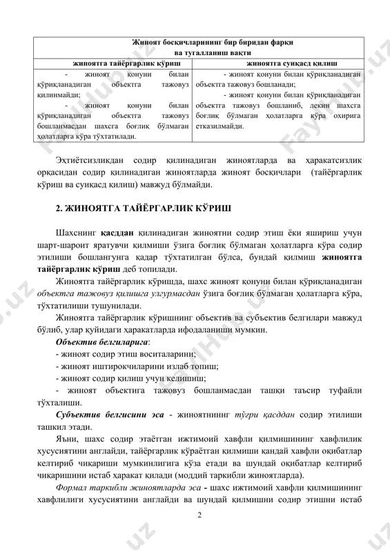 ир қилинадиган жиноятларда ва ҳаракатсизлик орқасидан содир қилинадиган жиноятларда жиноят босқичлари (тайёргарлик кўриш ва суиқасд қилиш) мавжуд бўлмайди. 2. жиноятга тайёргарлик кўриш шахснинг қасддан қилинадиган жиноятни содир этиш ёки яшириш учун шарт-шароит яратувчи қилмиши ўзига боғлиқ бўлмаган ҳолатларга кўра содир этилиши бошлангунга қадар тўхтатилган бўлса, бундай қилмиш жиноятга тайёргарлик кўриш деб топилади. жиноятга тайёргарлик кўришда, шахс жиноят қонуни билан қўриқланадиган объектга тажовуз қилишга улгурмасдан ўзига боғлиқ бўлмаган ҳолатларга кўра, тўхтатилиши тушунилади. жиноятга тайёргарлик кўришнинг объектив ва субъектив белгилари мавжуд бўлиб, улар қуйидаги ҳаракатларда ифодаланиши мумкин. объектив белгиларига: - жиноят содир этиш воситаларини; - жиноят иштирокчиларини излаб топиш; - жиноят содир қилиш учун келишиш; - жиноят объектига тажовуз бошланмасдан ташқи таъсир туфайли тўхталиши. субъектив белгисини эса - жиноятниннг тўғри қасддан содир этилиши ташкил этади. яъни, шахс содир этаётган ижтимоий хавфли қилмишининг хавфлилик хусусиятини англайди, тайёргарлик кўраётган қилмиши қандай хавфли оқибатлар келтириб чиқариши мумкинлигига кўза етади ва шундай оқибатлар келтириб чиқаришини истаб …