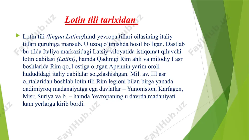 rat, maktab tili edi; o„rta asrlarda butun gʻarbiy yevropa umumiy yozuv tili bo„libqo„llandi; xviii-xix asrlargacha diplomatiya, ilm-fan va falsafa tili, xx asrda esa katolik cherkovi tili, vatikanning (italyan tili bilan birga) rasmiy tili bo„lib qoldi. lotin tiliyevropa madaniyati rivojida ulkan rol oynadi. yevropa tillaridagi siyosiy, ilmiy va texnik terminologik tizimlarning leksik jihatdan boyishi va ko„payib borishiga ijobiy ta‟sirko‟rsatdi. lotin alifbosi lotin alifbosi 25 harfdan iborat: yozilishi nomi o`qilishi a a a a b b be b c c tse ts / k d d de d e e e e f f ef f g g ge g h h ga h i i i i j j yot y k k ka k yozilishi nomi o`qilishi l l el l m m em m n n en n o o o o p p pe p q q ku k r r er r s s es s / …