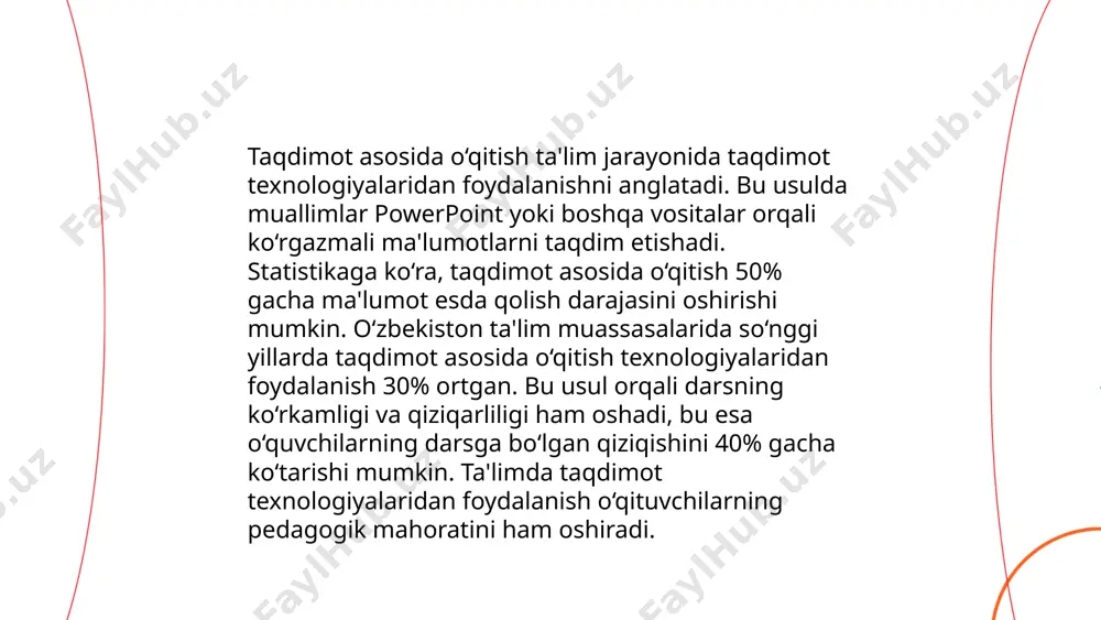 angi shakllar yaratish kiradi. ijodkorlik darajasini o‘lchashda guilford tomonidan ishlab chiqilgan ijodiy testlar, torrance's tests of creative thinking (ttct) keng qo‘llaniladi. psixologiya sohasida ijodiy yondashuv ruhiy fleksibilitet bilan bog‘lanadi — bu yangi fikrlar yaratish qobiliyatini anglatadi, bu esa innovatsiya va ijodkorlikning asosi sanaladi. ... t.me/slaydai_bot o‘zini o‘zi yurgizish metodi o‘quv jarayonida talabalarning mustaqil faolligini rag‘batlantiradi. ushbu metodning asosiy maqsadi — talabaning bilim olish jarayonida mustaqil ravishda bilim izlash, o‘rganish va qo‘llash ko‘nikmalarini rivojlantirishdir. statistikaga ko‘ra, o‘zini o‘zi yurgizish metodidan foydalangan talabalarning 80 foizi materialni yaxshiroq o‘zlashtiradi. o‘zini o‘zi yurgizish metodini qo‘llash orqali talabalarning mas’uliyat hissi 75 foizga ortishi ko‘zatilgan. bu metod ko‘proq intellektual va ijodiy faoliyat talab qiladigan sohalarda samarali hisoblanadi. tajribalar shuni ko‘rsatadiki, o‘zini o‘zi yurgizish jarayonlari yordamida ishda muvaffaqiyatga erishish ehtimoli 60-70 foizga oshadi. maxsus fanlarni o‘qitish jarayonida qo‘llaniladigan o‘qitish metodlari toshpo'latov diyorbek e'tiboringiz uchun raxmat! image1.png image2.png image3.png image4.jfif image5.png image6.jfif image7.png image8.jfif /docprops/thumbnail.jpeg