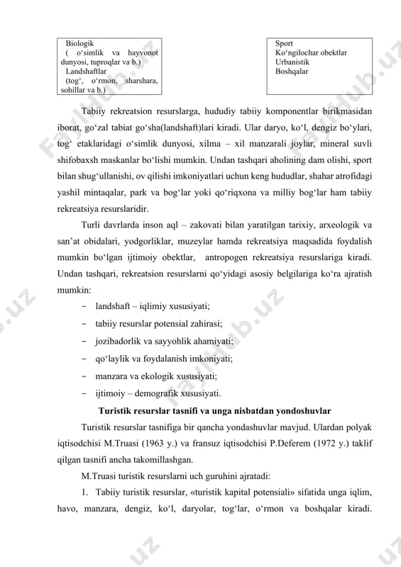 onidan yaratilgan turistik resurslar, ya’ni arxitektura binolari, yodgorliklar, madaniy obektlar va boshqalar. bular ekskursiya obektlari hisoblanadi. 3. «qo‘shimcha» turistik resurslar, inson mehnati tomonidan yaratilgan ma’lum mintaqadagi barcha turistlarni qabul qiluvchi va xizmat ko‘rsatuvchi korxonalar hisoblanadi. bu resurslar orqali turistlarga xizmat ko‘rsatish darajasini baholash mumkin. lekin, rossiyalik mutaxasislar m.ye.nemolyayeva va l.f.xodorkov qabul qiluvchi va xizmat ko‘rsatuvchi korxonalari turistik resurslarga qo‘shish mumkin emas deb hisoblashadi. chunki, bu korxonalar mavjud turistik resurslardan foydalangan holda ish yuritadilar, aks holda bir butun turistik sayohatni qamrab olgan holda xizmat ko‘rsata olmaydilar. deferem barcha turistik resurslarni 4 ta guruhga ajratadi: gidrom, fitom, litom va antropom. gidrom – bunga suv bilan bog‘liq turistik resurslar kiradi. bu guruh tarkibiga ko‘l, daryolar, dengiz bo‘yi, muzliklar, mineral suv manbalari, gidroelektrstansiyalar, sharsharalar va boshqalar kiradi. misol uchun, mashhur niagara sharsharasi, amozonka daryosi, ispaniyadagi dengiz bo‘yi plyajlarini kiritish mumkin. fitom – tabiiy turistik resurslar, buning tarkibi ikki turda bo‘lishi mumkin: tabiiy ravishda yaratilgan …