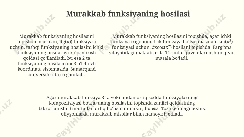 ashda har bir funksiyaning xususiyatlarini hisobga olish kerak. murakkab funksiyalar va integral tenglamalar uzbekistanning buxoro shahridagi tadqiqotchilar 2010-yilda murakkab funksiyalarni integral tenglamalarga qo'llash bo'yicha 5 ta yangi teorema isbotladilar. murakkab funksiyalarni 3 o'zgaruvchili integral tenglamalar yordamida 12- tartibli differensial tenglamaga aylantirish samarqanddagi matematiklar tomonidan 1980-yillarda o'rganilgan. toshkent shahridagi olimlar murakkab funksiyalar va integral tenglamalarni qo'llab, 2- va 3- tartibli differensial tenglamalarni 7 turli usulda yechish usullarini ishlab chiqdilar. e'tiboringiz uchun rahmat @taqdimot_robot