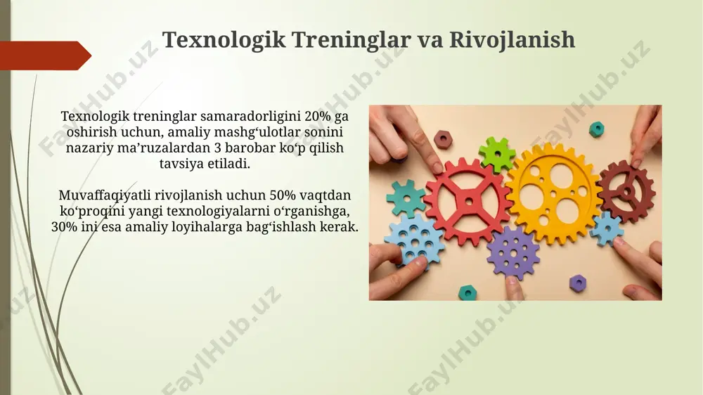 ini 15% ga kamaytirishi isbotlangan. bilimlarni baham ko'rish va o'rganish muvaffaqiyatli kompaniyalarning 80% da bilimlarni muntazam baham ko'rish va o'rganish uchun maxsus platformalar yoki tizimlar mavjud. bilimlarni baham ko'rish uchun samarali 3 ta usul – mentoring, o'quv kurslari va hamkorlikdagi loyihalar – ish samaradorligini 20% ga oshirishi mumkin. muammolarni yechish madaniyati muvaffaqiyatsiz harakatlarni tahlil qilish va ularni kelajakdagi loyihalarda takrorlanmasligini ta'minlash, xatoliklar sonini 15% ga kamaytiradi, bu esa "postmortem" tahlillari orqali amalga oshiriladi. muammolarni hal qilish madaniyati samaradorlikni 20% ga oshirishga yordam beradi, chunki strukturaviy yondashuv va aniq algoritmlar qo'llaniladi. e'tiboringiz uchun rahmat @taqdimot_robot image1.jpg image2.jpg image3.jpg image4.jpg image5.jpg image6.jpg image7.jpg image8.jpg image9.jpg image10.jpg image11.jpg image12.jpg