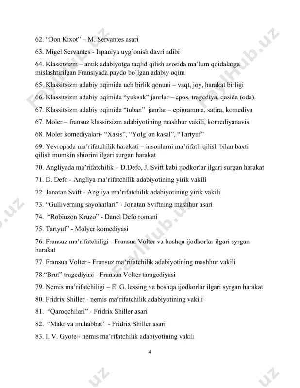 agʼribu mashriq devoni”- i. v. gyotening mashhur devoni. 86. romantizm – yevropada paydo bo`lgan adabiy oqim 87. romantizm vakillari –shu adabiy oqim ijodkorlari 88. ingliz romantizmi – jorj bayron va boshqa ijodkorlar foydalabgan adabiy oqim 89. “sharq poemalari” – jorj bayronning bir turkumga kirgan dostonlari 90. “don juan” – jorj bayronning dostoni 91. nemis romantizmi – e.a. hofman va boshqa ijodkorlar foydalabgan adabiy oqim 92. e.а. hofman - nemis romantizm adabiyotining mashhur vakili 93. “ sinnober laqabli mitti saxes” – e.a. hofman asari. 94. frantsuz romantizmi – viktor gyugo va boshqa ijodkorlar foydalabgan adabiy oqim 95. romantizm dasturchisi – viktor gyugo “kromvel” asariga yozgan so`zboshisi 96. parij bibi maryam ibodatxonasi’ – viktor gyugo asari 97. realizmi adabiyoti – voqea-hodisalarni aniq tasvirlashga asoslangan adabiy oqim 98. tanqidiy realizm adabiyoti – voqea-hodisalarni tanqidiy tasvirlashga asoslangan adabiy oqim 99. j. bayron – ingliz romantizm adabiyotining mashhur vakili 100. “qizil va qora” - fridrik …