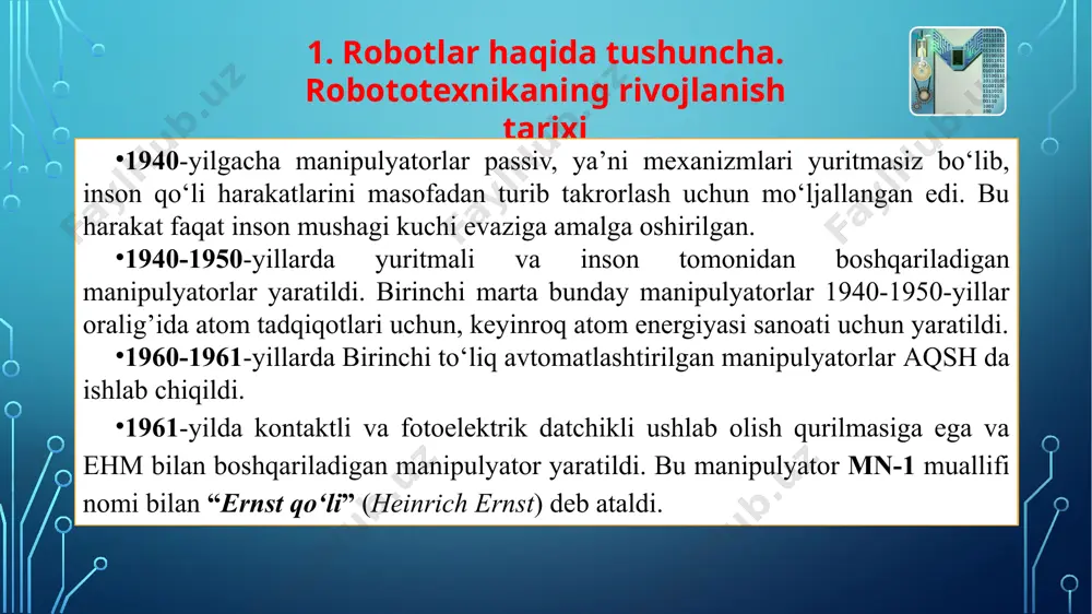 ri bo‘yicha robotlar 3 sinfga bo‘linadi: ishlab chiqarish robotlari; tadqiqot robotlari; dastur-robotlar. 3. bajarayotgan vazifasi turi bo‘yicha robotlarning sinflanishi ishlab chiqarish robotlari – jismonan og‘ir, zaharli va xavfli hamda monoton ishlarni bajarish uchun mo‘ljallangan. ishlab chiqarish robotlari ishlab chiqarish robotlari, o‘z navbatida, bir necha turlarga bo‘linadi: sanoat; qurilish; qishloq xo‘jalik; transport; maishiy (turmushda ishlatiladigan); jangovor (harbiy). sanoat robotlari – asosan qo‘l mehnatini va transport operatsiyalarni avtomatizatsiyalash uchun har xil sanoat sohalarida qo‘llaniladi. qurilish robotlari – qurilishdagi keng ko‘lamdagi qo‘l mehnatini va og‘ir ishlarni avtomatlashtirishda ishlatiladi. qishloq xo‘jaligi robotlari – sermehnat va bir xil jarayonli qishloq xo‘jaligini avtomatlashtirish uchun mo‘ljallangan. transport robotlari – turli xil transport vositalarini boshqarishni avtomatlashtirish uchun mo‘ljallangan. bular o‘ziyurar telejkalar, mashinalar, traktorlar, qadamlab yuruvchi qurilmalar, avtopilot va avtorullardir. maishiy (turmushda ishlatiladigan) robotlar inson turmushiga va unga xizmat ko‘rsatish sohasiga aloqador operatsiyalarni avtomatlashtirish uchun ishlatiladi. jangovar (harbiy) robotlar jangovar vaziyatlarda inson hayotini saqlab qolish yoki inson qobiliyatiga mos …