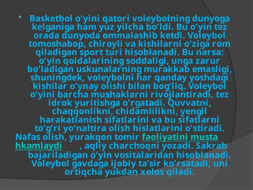 esh partiyadan iborat bo‘ladi. ko‘proq partiyada g‘olib chiqqan jamoa yenggan hisoblanadi (masalan: 2 : 1 yoki 3 : 2 hisob bilan). o‘yin maydoni (18×9m) o‘rtasidan ko‘ndalangiga 2- 2,45 m balandlikda setka-to‘r (eni 1 m.) tortiladi mashg‘ulotlar zal yoki ochiq havoda o‘tkazilishi ham mumkin. ammo maydon atrofida turli xavfli narsalar: to‘nkalar, tunukalar bo‘lmasligi lozim. maydon shunday joyda bo‘lishi kerakki, o‘yin chog‘ida quyosh nuri ko‘zga tushmasin. maydon 5 sm kenglikdagi chiziq bilan o‘raladi. u ham maydon sathiga kiradi. maydon o‘rtasidagi chiziq uni ikkiga bo‘lib turadi. har bir maydonchaning to‘g‘ri chizig‘i orqasidan to‘pni o‘yinga kiritiladi. o‘rta chiziq bo‘ylab (chetki chiziqdan 50—100 sm uzoqlikda) voleybol ustunchalari o‘rnatiladi. ustunchada o‘g‘il bolalar uchun ilmoq balandligi 2 m 20 sm, qizlar uchun 2 m 10 sm; o‘smirlar uchun 2 m 35 sm, erkaklar uchun 2 m 43 sm, ayollar uchun 2 m 24 sm bo‘ladi. aytib o‘tganimizdek, voleybol to‘ri o‘rtadan tortiladi. to‘r bir xil rangda bo‘ladi (zalda …