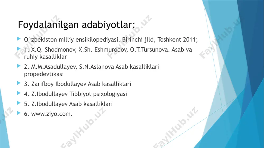 ham sabab boʻlishi mumkin. onaning homiladorlik paytida kasallanishi yoki shikastlanishi sababli homilaning zararlanishi bolaning ruhiy rivojlanishdan orqada qolishiga, epilepsiya va boshqa ruhiy oʻzgarishlarga olib keladi. surunkali alkogolizm va narkomaniya ham bora-bora kishini ruhiy kasallikga olib borishi mumkin. ruhiy kasallikning vujudga kelishida kasallikka sabab boʻladigan omillardan tashqari, kishining oʻziga xos xususiyatlari, uning ilgari boshidan kechirgan kasalliklari (mas, miya shikastlanishi, alkogoldan zaharlanish, ichki aʼzolar kasalliklari, naslida ruhiy kasallik borligi va boshqalar) ham ahamiyatga ega. ruhiy kasallikning belgilari, asosan, gallyusinatsiya, alaxlash, shilqimlik, hayajonlanish, ong va xotira zaiflashuvi, esi pastlik va h.k.dan iborat. ruhiy kasallik kishining jinsi va yoshiga ham bir qadar bogʻliq. umuman bemorni qancha erta davolashga kirishilsa, oqiba-ti shuncha yaxshi boʻladi. kasallikni yashirib yoki uyalib, vrachga vaqtida murojaat qilinmasa, dard ulgʻayib, davolash ancha qiyinlashadi. shuning uchun kishi oʻzida andak ruhiy oʻzgarish sezsa, darhol vrachpsixiatr ga koʻrinishi kerak. nevroz qanday kasallik? nevrozlar (nevr... asabiylik -uzoq davom etgan ruhiy iztiroblar natijasida nerv sistemasi faoliyatining …