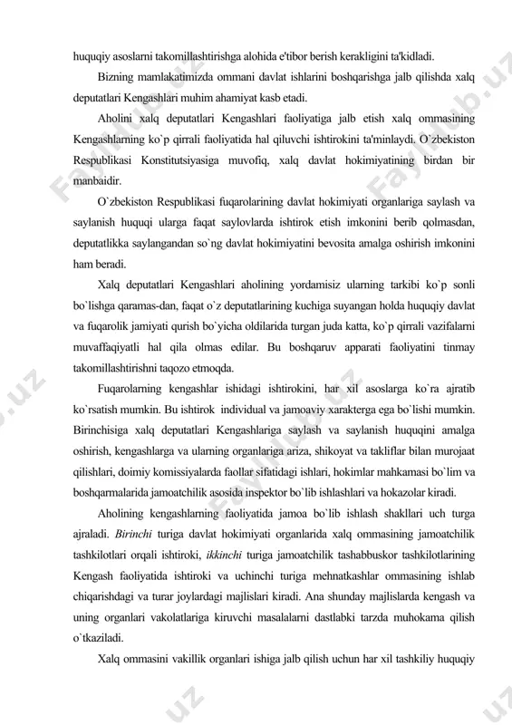 aqiyatli hal qila olmas edilar. bu boshqaruv apparati faoliyatini tinmay takomillashtirishni taqozo etmoqda. fuqarolarning kengashlar ishidagi ishtirokini, har xil asoslarga ko`ra ajratib ko`rsatish mumkin. bu ishtirok individual va jamoaviy xarakterga ega bo`lishi mumkin. birinchisiga xalq deputatlari kengashlariga saylash va saylanish huquqini amalga oshirish, kengashlarga va ularning organlariga ariza, shikoyat va takliflar bilan murojaat qilishlari, doimiy komissiyalarda faollar sifatidagi ishlari, hokimlar mahkamasi bo`lim va boshqarmalarida jamoatchilik asosida inspektor bo`lib ishlashlari va hokazolar kiradi. aholining kengashlarning faoliyatida jamoa bo`lib ishlash shakllari uch turga ajraladi. birinchi turiga davlat hokimiyati organlarida xalq ommasining jamoatchilik tashkilotlari orqali ishtiroki, ikkinchi turiga jamoatchilik tashabbuskor tashkilotlarining kengash faoliyatida ishtiroki va uchinchi turiga mehnatkashlar ommasining ishlab chiqarishdagi va turar joylardagi majlislari kiradi. ana shunday majlislarda kengash va uning organlari vakolatlariga kiruvchi masalalarni dastlabki tarzda muhokama qilish o`tkaziladi. xalq ommasini vakillik organlari ishiga jalb qilish uchun har xil tashkiliy huquqiy shakllar qo`llaniladi. o`zbekiston respublikasida xalq deputatlari kengashlari ish tajribasida kengashlarning …