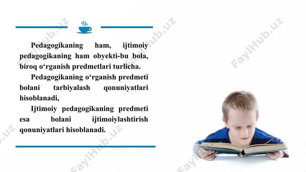 bilishga qaratishi ijtimoiy pedagog bola (oʻsmir) muammolarini hal qiluvchi, uning inqirozi, huquqlariga aloqador tashkilot, mutaxassislarni birlashtirish bilan ham shugʻullanish - 5 6 7 “ijtimoiylashuv” soʻzi dastlab siyosiy-iqtisodiyotdan kelib chiqqan. u siyosiy-iqtisodiyotda yer, ishlab chiqarish vositalarining umumiylashuvi maʼnosini anglatgan. “ijtimoiylashuv” atamasining muammoli deb bu atamani “ijtimoiylashuv nazariyasi” (1987) kitobida hozirgiga yaqin maʼnoda qoʻllagan amerikalik sotsiolog f.g.keddings hisoblanadi. uning zamonaviy maʼnosi-“ ijtimoiy tabiat yoki individ xarakterini rivojlantirish, insonni ijtimoiy hayotga tayyorlashdir. agar shaxsning jamiyatga kirishida ijtimoiylashuv va individuaalashuv jarayonlari oʻrtasida tenglik yuzaga kelsa, insonning jamiyatga yaqinlashuvi roʻy beradi. shu bilan birga bu yerda shaxs va muhitning oʻzaro taʼsir etish ham sodir boʻladi. shunday qilib, muvaffaqqiyatli ijtimoiylashuv moslashuv va individuallashuv oʻrtasida muvozanat saqlangandagina amalga oshishi mumkin. bu jarayon 3 asosiy sohada amalga oshadi: - faoliyat-turlarning kengayishi, uning shakl va vositalarini qoʻlga kiritish, erkin moʻljal olish. - muomala-muomala doirasini kengaytirish, uning mazmunini chuqurlashtirish, xulq-atvor meʼyorlarini oʻzlashtirish. - anglash-shaxsiy men obrazini faoliyatning faol ishtirokchisi sifatida …