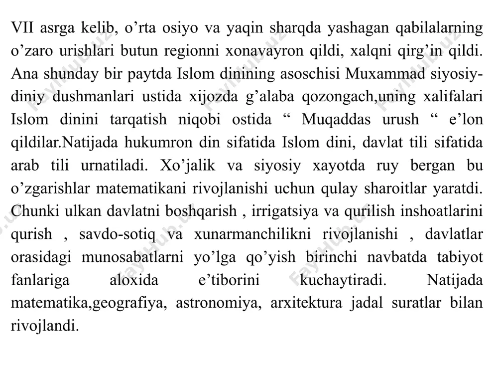 442y) va boshqalar. abu abdullo muxammad ibn muso al xorazmiy al ma’jusiy (783-874). dastlabki ma’lumotni vatanida oladi. ix asr boshida marvda al mamun al- rashid saroyida hizmat qiladi va uning buyrug’iga ko’ra xindiston g’arbida safarga boradi va ularning matematikasi bilan tanishadi. buning natijasida u «xind sonlari haqida» (ќisob al-xind) traktatini yozadi. bu ekspeditsiyaning fan tarixidagi roli juda katta bo’lib, butun dunyoga “arab raqamlari“ deb atalgan hind raqamlarining va o’nlik pozitsion hisob sistemasining tarqalishiga sabab bo’ladi . 813 yili al- mamun bog’dodda halifalikka o’tiradi va tez orada “donishmandlik uyi asosida tashkil etilgan astronomik observatoriyaga boshchilik qildi. bu erda butun sharqdan to’plangan ko’pdan-ko’p olimlar xizmat qiladilar. xorazmiy asarlarining umumiy soni maьlum emas, lekin bizgacha etib kelganlari al-maьmun davrida (813-833) “fi hisob al-jabr va al-muqabola“, “ќisob al-xind”, “astranomik jadval“ al-mu’tasim davrida (842-847) “surat ul arz“ al-vosiq davrida (842-847) «yaxudiylar kalendari» asarlaridir. xorazmiy arifmetik pucolasining kirish qismida. hind hisobi xaqida tushuncha berib, uni rivojlantiradi …