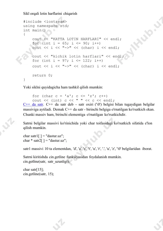 keltirilgan. char toifasidagi o’zgaruvchi ascii kodidagi 255 ta belgidan ixtiyoriy birisi bo’lis hi mumkin. ascii kodi jadvali belgili o’zgaruvchilarni e’lon qilish quyidagicha bo'ladi: char c, s; belgili o’zgaruvchilar apostraf ichida yoziladi. a=’q’; c=’*’; s=’/’; char toifasini oshkor ravishda butun toifaga o'tkazish orqali, berilgan belgiga mos ascii kodini aniqlash mumkin. ascii kodi jadvaliga e`tibor bering. katta va kichik lotin harflari alifbo tartibida joylashtirilgan. bu esa sikl orqali char toifasini tashkil qilish imkoniyatini beradi. /docprops/thumbnail.emf 3-ma’ruza:belgili o`zgaruvchilar. char toifasidagi satrlar. reja 1. belgili o`zgaruvchilar. 2. char toifasidagi satrlar. 3. belgilarni qayta ishlovchi funksiyalar. 4. toifalarni o'zgartirish funksiyalari belgini (simvolni) saqlash uchun mo`ljallangan o’zgaruvchilarga belgili o’zgaruvchilar deyiladi. c++ tilida bu o’zgaruvchilar uchun char toifasi keltirilgan. char toifasidagi o’zgaruvchi ascii kodidagi 255 ta belgidan ixtiyoriy birisi bo’lishi mumkin. ascii kodi jadvali belgili o’zgaruvchilarni e’lon qilish quyidagicha bo'ladi: char c, s; belgili o’zgaruvchilar apostraf ichida yoziladi. a=’q’; c=’*’; s=’/’; char toifasini oshkor ravishda butun toifaga …