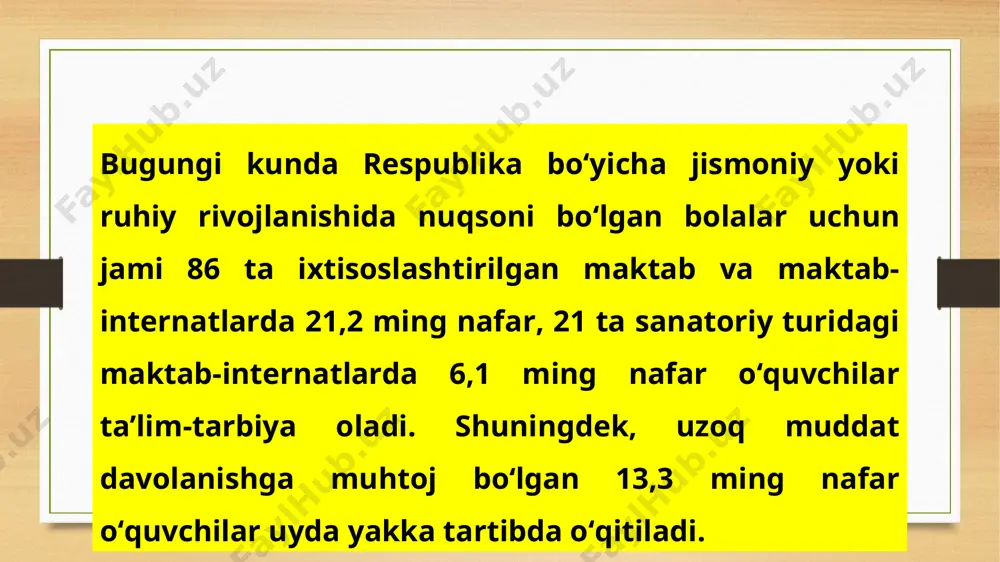 yil) “ijtimoiy himoya” yili davlat dasturi (2007yil) o’zbekiston respublikasi prezidentining “alohida ta’lim ehtiyojlari bo‘lgan bolalarga ta’lim-tarbiya berish tizimini yanada takomillashtirish chora-tadbirlari to‘g‘risida” (pq-4860-son, 2020 yil 13 oktyabr) qarori tasdiqlandi! 2020 — 2025-yillarda xalq ta’limi tizimida inklyuziv ta’limni rivojlantirish konsepsiyani amalga oshirishdan kutilayotgan natijalar konsepsiya doirasida belgilangan vazifalarni bajarish orqali 2020 — 2025-yillarda xalq ta’limi tizimida inklyuziv ta’limni rivojlantirishda quyidagi ko‘rsatkichlarga erishish nazarda tutiladi: - alohida ta’lim ehtiyojlari bo‘lgan shaxslarning rivojlanishi, reabilitatsiyasi, jamiyatga integratsiyalashuvida inklyuziv ta’limning strategik omil sifatidagi roli tasdiqlanadi; alohida ta’lim ehtiyojlari bo‘lgan bolalarning ta’limiy muhiti yaxlitligi mustahkamlanadi, ularning jamiyatga integratsiyasi uchun zarur sharoitlar ta’minlanadi; - davlat, jamiyat, shaxsning inklyuziv ta’lim sohasidagi manfaatlarini muvofiqlashtirish mexanizmlari yaratiladi; - inklyuziv ta’lim tizimining umumiy qulayligi, uzluksizligi, ta’lim sifati, shuningdek o‘quvchilarning rivojlanish darajasi, xususiyatlariga moslashuvchanligi va variativligiga erishiladi; - inklyuziv ta’lim sohasidagi xalqaro munosabatlar doirasida o‘zaro hamkorlik aloqalari mustahkamlanadi; - o‘quvchilar ta’limiy ehtiyojlarning o‘ziga xosligini inobatga olgan holda sifatli ta’lim olishi uchun ular …
