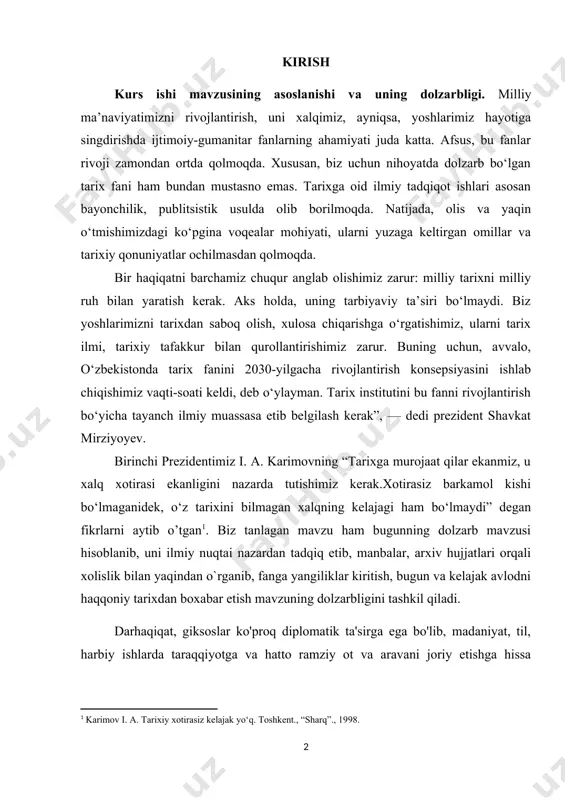 prezident shavkat mirziyoyev. birinchi prezidentimiz i. a. karimovning “tarixga murojaat qilar ekanmiz, u xalq xotirasi ekanligini nazarda tutishimiz kerak.xotirasiz barkamol kishi bo‘lmaganidek, o‘z tarixini bilmagan xalqning kelajagi ham bo‘lmaydi” degan fikrlarni aytib o’tgan[footnoteref:1]. biz tanlagan mavzu ham bugunning dolzarb mavzusi hisoblanib, uni ilmiy nuqtai nazardan tadqiq etib, manbalar, arxiv hujjatlari orqali xolislik bilan yaqindan o`rganib, fanga yangiliklar kiritish, bugun va kelajak avlodni haqqoniy tarixdan boxabar etish mavzuning dolzarbligini tashkil qiladi. [1: karimov i. a. tarixiy xotirasiz kelajak yo‘q. toshkent., “sharq”., 1998.] darhaqiqat, giksoslar ko'proq diplomatik ta'sirga ega bo'lib, madaniyat, til, harbiy ishlarda taraqqiyotga va hatto ramziy ot va aravani joriy etishga hissa qo'shdilar. bu ikki raqobat tushuntirishlar hikoya qadimgi misr va bu sirli guruh haqida ko'p ochib beradi. bir so'z bilan aytganda, giksos shunchaki misr unvonining yunoncha versiyasidir, heka xasut, chet el/tepalik mamlakatlari hukmdorlari. ko'p narsa noto'g'ri tushunilgan bo'lsa-da, biz giksos ikkinchi oraliq davrda shimoliy misrni, ayniqsa deltani boshqargan g'arbiy …