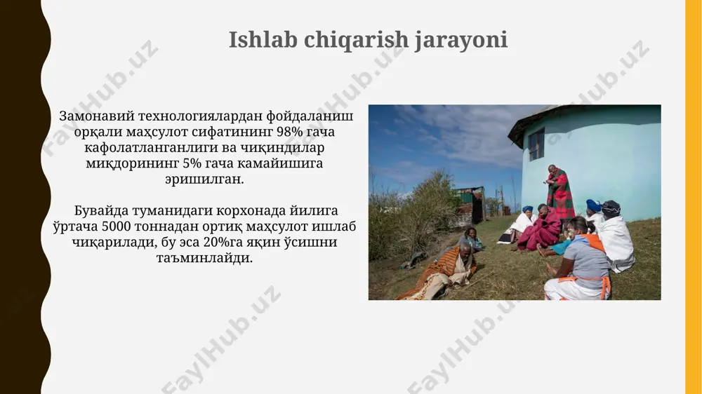 сосида янги маҳсулот турини ишлаб чиқариш ва бозор тадқиқотига 10 млн сўм маблағ йўналтирилган. kelajak rejalari va istiqbollari компания кейинги 5 йилда ишлаб чиқариш ҳажмини 2 бараварга оширишни ва экспорт ҳажмини 15% га кўпайтиришни режалаштирмоқда, бунинг учун янги технологияларни жорий этиш ва ходимларни ўқитиш кўзда тутилган. компаниянинг истиқболи, 2025 йилгача бозордаги улушини 30% га етказиш ва янги маҳсулотларни йилига камида 2 тасини яратиш орқали мустаҳкамлашдан иборат. e'tiboringiz uchun rahmat @taqdimot_robot image1.jpg image2.jpg image3.jpg image4.jpg image5.jpg image6.jpg image7.jpg image8.jpg image9.jpg image10.jpg image11.jpg image12.jpg