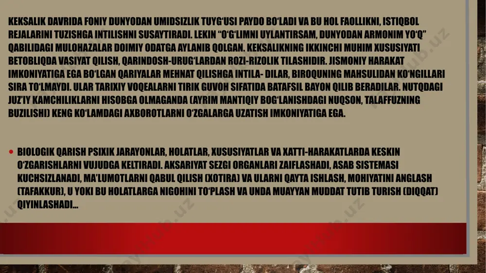 sandrova va boshqalar uzoq umr ko‘rish sirlarini ekologak omillar orqali tushuntirishga harakat qila- dilar. aksariyat olimlarning fikricha, ekologik omillar insonning yashash sharoitiga, kamol topishiga, bevosita yoki bilvosita ta’sir qiladigan omillardir. insonning ijtimoiy muhiti sharoitlari ichiga kasb mehnati, turmush tarzi, madaniyati va ma’naviyati kabilar kiradi. jahon fani to‘plagan ma’lumotlarga ko‘ra, ochiq havoda ortiqcha zo‘riqishsiz jismoniy mehnat bilan shug‘ullangan odamlarda harakatningtezligi, qad-qomatning tikligi, ma’naviy tetiklik, ruhiy faollikuzokroq saqlanadi. mana shu holat jismoniy tarbiya bilan doimiy shug‘ullanuvchi kishilarda ham bo‘ladi. uzoq umr ko‘rishning, umr uzayishining muhim omillaridan yana bittasi kasb-korlik faoliyatiga bog‘liq psixik holatning barqarorlashuvidir. ana shu holatga insonning ko‘rish idrokida fazoni farqlash (fazoviy tasavvur) qobiliyati kiradi. fransuz gerontologi va oftalmologi g.offre o‘zining “gerontologiya asoslari” (1960) kitobidan joy olgan “ko‘zning keksalarga xos o‘zgarishi” asarida ilmiy-amaliy ahamiyatga ega bo‘lgan ma’lumotlar keltiradi. uning fikricha, keksalikda presbioniya (grekcha, qarilikda ko‘rishning zaiflashuvi) hodisasi ro‘y berib, yaqinni ko‘rish yomonlashadi. g.offreningfikricha, 10 yoshdan ko‘rish akkomo- datsiyasining kuchi pasayishi kuzatiladi, …