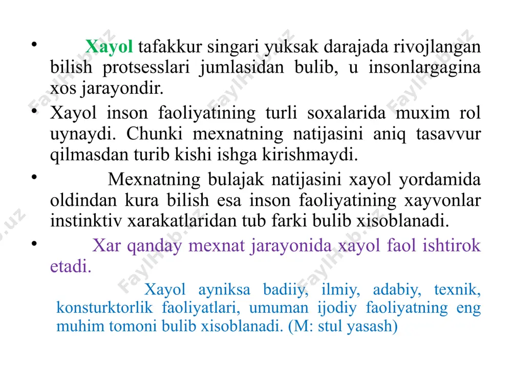 lgilarni ta'kidlash orqali obrazlar yaratish . masalan: o'rtoqlik hazillari. aktsentlashtirish badiiy adabiyotlarda, karikaturalarda juda ko'p qo'llaniladi xayol jarayonida xayol tasavvurlarining xotira tasavvuridan farqi muhim ahamiyatga ega. xayol tasavvurlari ongda paydo bo'ladi va barqaror bo'ladi. xotira tasavvuridagi narsa doimo tanish narsadek his qilinadi. xayol tasavvurlari esa yangilikni his qilish tuyg'ularini beradi. xayol tasavvurlari insonning qiziqish va ideallari bilan bog'liq bo'lgani sababli yangilikni his qilish tuyg'ulari oqibatida vujudga keladi. xayol turlari passiv xayol ixtiyorsiz shirin xayol tush ko'rish gallyutsinatsiya aktiv xayol ixtiyoriy qayta tiklovchi mazmun: tasavvur va ijodiy orzu gallyusinasiya voqelikdagi narsa va hodisalarning tana a'zolarini qabul qilish analizatorlarga bevosita ta'sir etmasdan inson ongida turli obrazlarning (ovozlarning eshitilishi, sharpalarning sezilishi) xayolan, fikran paydo bo’lishidan iborat idrokning psixopatalogik (ruhiy xastalik) hodisasiga gallyusinasiya deyiladi. xayolning quyidagi turlari ajratib ko'rsatiladi: tasavvur xayoli deb o'tmishda bo'lib o'tgan yoki hozirda bor bo'lgan lekin bizning turmush tajribamizda shu paytgacha uchratmagan, ya'ni biz idrok qilmagan tasavvur va obrazlar yaratishga …