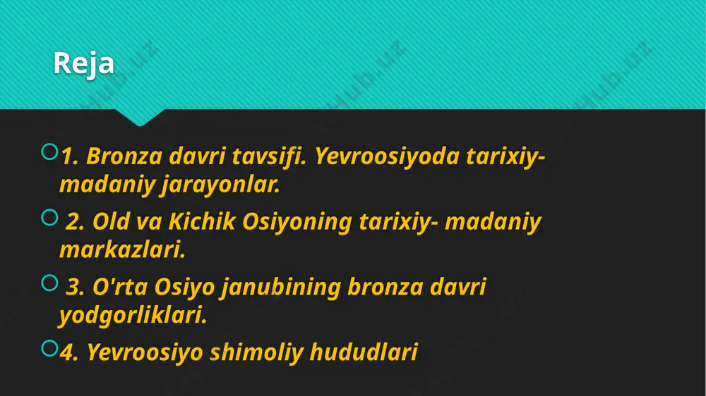 eneolit davrida vujudga kelgan qadimgi sivilizatsiya markazlari rivojlandi va osiyoning ko'pgina hududlarida yirik madaniyat markazlari shakllandi. amerika qit'asida miloddan avvalgi ii ming yillikda mazkur hududning ilk sivilizasiyasi olmeklar madaniyati paydo bo'ldi. bronza davrida qadimgi misr, ikki daryo oralig'i, kichik osiyo va eronning janubi-g'arbida davlatlar shakllandi va rivojlandi. ikki daryo oralig'ining janubiy qismi shumer deb, nomlanib insoniyat tarixidagi ilk sivilizatsiya markazlaridan hisoblanadi. bu yerda miloddan avvalgi iv ming yillik oxirlarida shahar-davlatlar nippur, shuruppak, uruk, larsa, ur, adab, umma, lagash vujudga keldi.miloddan avvalgi iii ming yillikda ilk sulolalar hukmronlik qilgan. shumerning. shimoliy qismida semit tilida so'zlashuvchi akkadlar yashagan. miloddan avvalgi iii ming yillik o'rtalarida akkad davlati vujudga keldi va shumerliklar siqib chiqarildi. amerikatadqiqotchisi s. n. kramer shumerlari "er yuzidagi ilk sivilizatsiya", deb hisoblagan. tadqiqotchilar sug'orish tizimlari, qishloq xo'jalik qurollari, g'ildirak, yozuv, kulolchilik charxi shumerda ixtiro qilingan, degan ma'lumotni beradilar. shumer yozuvlarida ilk sulolalar tarixi aks etgan. ilk shumer davrining jamdet-nasr davri miloddan …