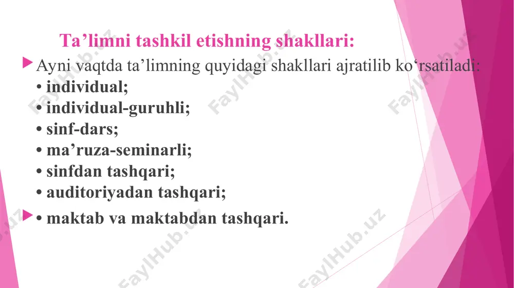 ng ta’lim oluvchilar va ularning tarbiyasiga doimiy emotsional ta’sir ko‘rsatishi; - ta’limning emotsionalligi (zero, ta’lim beruvchi bir vaqtning o‘zida ta’lim oluvchilarning katta guruhi bilan ish olib boradi), o‘quv faoliyatiga musobaqalashish elementlarini kiritish uchun sharoitning yaratilishi, bilimsizlikdan bilimlarni o‘zlashtirish sari harakatlarning muntazamligi va izchilligi. sinf-dars tizimi ii. kamchiliklari: - tizimning bilimlarni asosan o‘rta darajada o‘zlashtiruvchi ta’lim oluvchilar uchun mo‘ljallanganligi, bo‘sh o‘zlashtiruvchi ta’lim oluvchilar uchun qiyinchiliklarning yuzaga kelishi va kuchli o'zlashtiruvchi ta’lim oluvchilarning qobiliyatlarining rivojlanish sur’atining ortga surilishi; - ta’lim beruvchi uchun o‘qitish mazmuni va o‘qitish sur’atlari hamda metodlari bo‘yicha individual ishlarni tashkil etish, shuningdek, ta’lim oluvchilarning individual xususiyatlarini hisobga olishda qiyinchiliklarni yuzaga kelishi; - katta va kichik yoshli ta’lim oluvchilar o‘rtasidagi munosabatlarning qaror topmasligi. о‘ziga xos xususiyatlar bir xil yosh va taxminan bir xil tayyorgarlik darajasiga ega bо‘lgan о‘quvchilardan tarkib topadi va bu tarkib ta’limning umumiy davrida doimiy tarkibini saqlaydi; -о‘quv faoliyati yagona yillik reja va dasturga kо‘ra turg‘un dars jadvali …