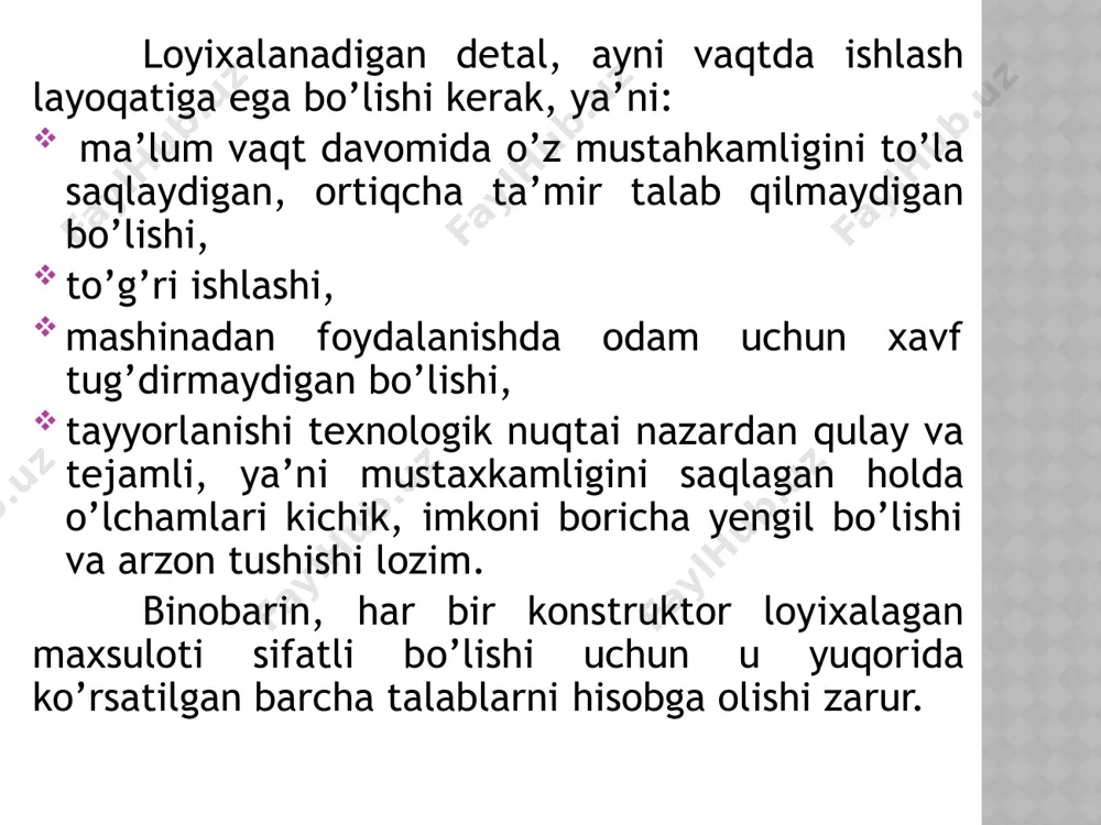 gan kuchla­nishning yo’l qo’yilishi mumkin bo’lgan va uning yetarli dara­jada mustaxkam bo’lishini hamda talab etilgan vaqt ichida benuqson ishlashini ta’minlaydigan eng katta qiymati tushuniladi. kuchlanishning bu qiymatini topish uchun chegaraviy kuchla­nish xamda mustaxkamlik zapasi qiymatlari aniqlangan bo’lishi kerak. ruxsat etilgan kuchlanishning qiymatini aniqlashda, detalga ta’sir etuvchi kuchning va ishlatilgan materialning xiliga qarab, chegaraviy kuch­lanish sifatida mustaxkamlik chegarasi σ, oquvchanlik chegarasi σok yoki toliqish chegarasi σ1 olinishi mumkin. e’tiborlaringiz uchun raxmat! image1.jpeg /docprops/thumbnail.jpeg