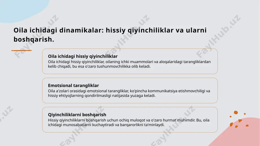 huvchanlik – oila a’zolarining o‘zgaruvchan sharoitlarga moslasha olish darajasi. 8. kommunikatsiya – oila ichidagi axborot almashinuvi, fikr va hissiyotlarni ifodalash jarayoni. 9. disfunksional oila – ichki nizolar, zo‘ravonlik, e’tiborsizlik yoki psixologik salomatlikka zarar yetkazuvchi omillar mavjud bo‘lgan oila turi. 10. oilaviy terapiya – oila ichidagi muammolarni bartaraf etish maqsadida psixologik yordam ko‘rsatish usuli. 11. psixologik qo‘llab-quvvatlash – oila a’zolari tomonidan bir-biriga ko‘rsatiladigan hissiy va ruhiy yordam. 12. ota-onalik instinkti – farzandlarga nisbatan tabiiy g‘amxo‘rlik va himoya qilish hissi. 13. oilaviy qadriyatlar – oila a’zolari tomonidan hurmat qilinadigan urf-odatlar, e’tiqodlar va normalar. 14. avlodlararo munosabat – ota-onalar, farzandlar va bobolar-buvilar o‘rtasidagi psixologik va ijtimoiy munosabatlar. 15. moslashuvchanlik – oila a’zolarining o‘zgaruvchan sharoitlarga moslasha olish darajasi oila psixologiyasi – test savollari 1. oila psixologiyasi nimani o‘rganadi? a) maktabdagi munosabatlarni b) ish joyidagi nizolarni c) oiladagi shaxslararo munosabatlarni d) siyosiy munosabatlarni 2. qaysi omil oila mustahkamligini ta’minlaydi? a) zo‘ravonlik b) ishsizlik c) o‘zaro …