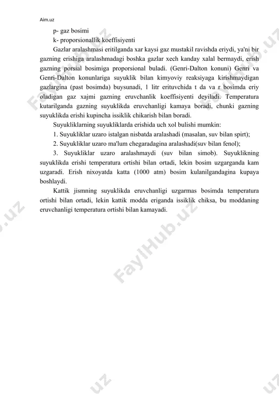 l); 3. suyukliklar uzaro aralashmaydi (suv bilan simob). suyuklikning suyuklikda erishi temperatura ortishi bilan ortadi, lekin bosim uzgarganda kam uzgaradi. erish nixoyatda katta (1000 atm) bosim kulanilgandagina kupaya boshlaydi. kattik jismning suyuklikda eruvchanligi uzgarmas bosimda temperatura ortishi bilan ortadi, lekin kattik modda eriganda issiklik chiksa, bu moddaning eruvchanligi temperatura ortishi bilan kamayadi. yukoridagi eruvchanlik diagrammasida absissalar ukiga t°, ordinatalar ukiga 100 gr suvda erigan modda mikdori kuyilgan. diagrammaning chizigida yotuvchi xar kaysi nukta tuyingan eritma konsentrasiyasini, chizik tepasidagi soxa uta tuyingan eritmalar soxasini, chizikning tagidagi soxa tuyinmagan eritmalar soxasini kursatadi. tuyingan eritma extiyotlik bilan sovitilganida uta tuyingan eritma xosil bulishi mumkin, lekin uta tuyingan eritma barkaror sistema emas. agar uta tuyingan eritmaga eruvchi moddaning kichkina kristali kiritilar ekan, sistema tuyingan eritmaga aylanib ketib, erigan moddaning ortikcha mikdori eritmadan ajralib chikadi. ba'zi xollarda eruvchanlik diagrammasida chizikning sinishi kursatiladi. masalan, na2so4 tuzining eruvchanlik diagrammasi chizigi 32.38°s da sinadi. bu temperaturada kuyidagi muvozanat …