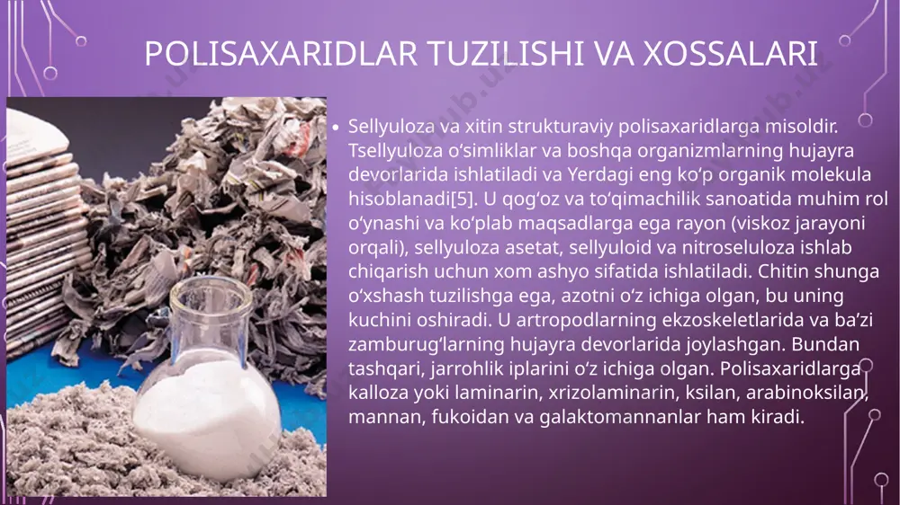 umkin boʻlgan energiya zaxirasini hosil qiladi, ammo u kamroq ixcham va triglitseridlarga (lipidlarga) qaraganda energiya zaxirasi sifatida darhol mavjud. jigar gepatotsitlarida glikogen 8 foizgacha (100-120) tashkil qilishi mumkin[15]. faqat jigarda saqlanadigan glikogen boshqa organlarga ham kirishi mumkin. mushaklarda glikogen mushak massasining birdan ikki foizigacha konsentratsiyada topiladi. tanadagi glikogen miqdori, ayniqsa mushaklar, jigar va qizil qon hujayralarida[16][17][18] — jismoniy faollik, bazal metabolizm tezligi va intervalgacha roʻza tutish kabi ovqatlanish odatlariga qarab oʻzgaradi. kichkina miqdorda glikogen buyraklarda, hatto undan ham kichikroq miqdorda miya va oq qon hujayralarining maʼlum glial hujayralarida mavjud. bachadon ham homiladorlik davrida embrionni oziqlantirish uchun glikogenni saqlaydi. polisaxaridlar tuzilishi va xossalari polisaxaridlar yuqorida ta'kidlangan vazifalaridan tashqari yana tayanch vazifalarini bajarishda ishtirok etadilar. jumladan, gialuron kislota,xondroitin sulfat, geparinlar hujayralararo moddalarning struktura asoslarini tashkil qiladi. gialuron kislotasining yuqori darajada gidrofillik va manfiy zaryadga ega bo`lishi hujayraaro suv, kationlarni o`ziga bog`lab olishi uning hujayraaro osmotik bosimni bir me'yorda saqlanishini va ionlarning membranadan …