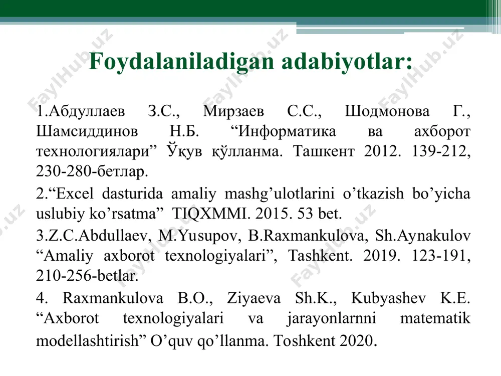 gan fayl .xls kеngaytmasiga ega bo`lib, uni ish kitobi (workbook) dеb atashadi. har bir ish kitobida bir nеcha «ish varag’i» mavjud. ish varaqlariga list1, list2 va hakozo nom bеriladi, ularga foydalanuvchi qayta nom bеrishi mumkin. ishchi varaqlar soni esa dastur o’rnatilayotgan kompyutеr opеrativ xotirasiga bog’liq. har bir elеktron jadvalda 256 ta ustun, hamda dasturning variantlariga qarab 16384 ta, hatto 25000 dan ham ortiq qator bo`lishi mumkin. qatorlar butun sonlar, ustunlar esa lotin alifbosining bosh harflari bilan a, v, s, ...z, aa, av,...,zz kabi lotin harflari bilan ifodalanadi. ishchi varaq elektron jadval hisoblanadi. elektron jadvalning asosiy elementlari yacheyka va diapozondir. yacheyka – bu jadvaldagi manzili ko’rsatiladigan hamda bir qator va bir ustun kesishmasi oralig’ida joylashgan elementdir. belgilanishi: a7- yacheyka. diapozon – bir nechta yacheykalardan tashkil topgan guruh. belgilanishi:a1:d6 –diapozon har qanday yachеykaga sonli, matnli, formulali ma’lumotlar kiritiladi. ustunlar yoki qatorlar kеngligini o`zgartirishimiz mumkin. excel elеktron jadvali har bir yachеykani har xil …