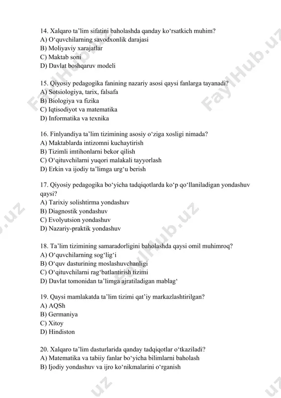 h darajali maktab tizimi c) innovatsion fanlarga asoslangan o‘qitish d) xalqaro imtihonlarga tayyorlash tizimi 22. o‘zbekiston ta’lim tizimida qiyosiy pedagogikadan olingan qaysi tajribalar ko‘proq tatbiq etilgan? a) bolalar bog‘chalari faoliyatini rivojlantirish b) raqamli texnologiyalarni tatbiq etish c) kasbiy ta’limga yo‘naltirish d) xalqaro universitetlar bilan hamkorlik 23. unesco tomonidan ishlab chiqilgan asosiy ta’lim dasturi qaysi? a) 21-asr ko‘nikmalari dasturi b) butun umr ta’lim olish strategiyasi c) barqaror rivojlanish uchun ta’lim dasturi d) xalqaro ta’lim loyihasi 24. solishtirma tahlil qanday bosqichlarni o‘z ichiga oladi? a) ma’lumotlarni yig‘ish, solishtirish va baholash b) eksperiment o‘tkazish va xulosalar chiqarish c) statistik tahlil va grafiklar tayyorlash d) faqat nazariy tahlil 25. yaponiyada ta’lim tizimi qanday asosga ega? a) jamoaviy intizom va urf-odatlar b) innovatsion va texnologik fanlar c) xalqaro hamkorlik va o‘quv dasturlarni moslashtirish d) bolalarning ijodkorligini rivojlantirish 26. ta’limdagi muvaffaqiyatni xalqaro baholash dasturlaridan biri qaysi? a) timss b) pisa c) pirls d) yuqoridagilarning barchasi 27. …