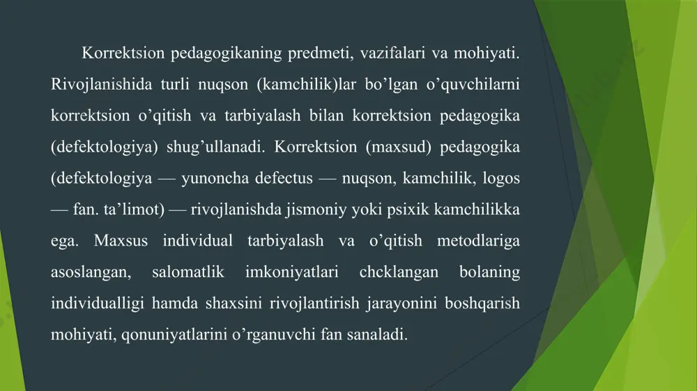 hi, korrektsion- profilaktik faoliyatlar bilan birqatorda tarbiyaviy va korrektsion-o’qitish, psixokorrektsion faoliyatni ham amalga oshirilishini ta’minlaydi. korrektsion-pedagogik faoliyat maxsus ta’lim dasturiga muvofiq mutaxassislar yordamida anomal o’quvchilarni o’qitish, tarbiyalash va rivojlantirishga yo’naltirilgan yaxlit jarayon. korrektsion pedagogikaning asosiy vazifalari. turli kategoriyali anomal bolalarni rivojlantirish, o’qitish va tarbiyalashning umumiy qonuniyatlari mavjud. korrektsion pedagogikaning asosini anomal bolalarni har tomonlama, fiziologik va psixologik o’rganish tashkil etib, uning vazifalari sirasiga quyidagilar kiradi: rivojlanishida turli kamchiliklar bo’lgan bolaning nuqsonlarini tuzatish va korrektsion-kompensatorli imkoniyatlarini aniqlash; differensatsiyali o’qitish va tarbiyalashni amalga oshirish maqsadida anomal bolalarning muammolarini hal etish; anomal bolalarni aniqlash va hisobga olish; rivojlanish anomaliyasini erta diagnostika qilish metodlarini ilmiy jihatdan ishlab chiqish; bolalarda rivojlanish nuqsonlarini tuzatish, yo’qotish yoki kamaytirish bo’yicha chora-tadbirlarni ishlab chiqish; anomal bolalikning oldini olish bo’yicha profilaktik chora- tadbirlar tizimini ishlab chiqish; korrektsion pedagogikaning kategoriyalari. korrektsion pedagogika quyidagi pedagogik kategoriyalarga ega: anomal bolalarni o’qitish va rivojlantirish ularni ijtimoiy hayot va mehnatga tayyorlash, ularda bilim, ko’nikma va …