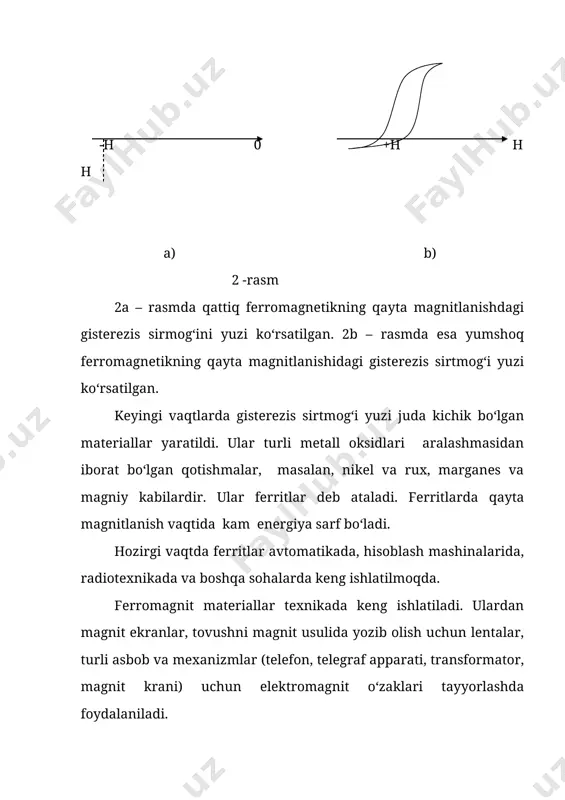 z uzun to‘g‘ri tok maydonidagi ixtiyoriy yassi berk kontur bo‘yicha vektorning sirkulyatsiyasini qiymatini hisoblaylik. to‘g‘ri tok 3 – rasmda chizma tekisligiga perpendikulyar, zero chizmada u nuqta bilan tasvirlangan. bu tok tufayli vujudga kelgan magnit maydonni tasvirlovchi chiziqlari – markazlari kontur tekisligi va tok kesishgan nuqtada joylashgan konsentrik aylanalardir. b d b 3-rasm. konturni xayolan elementlarga ajrataylik. shu elementlardan biri joylashgan nuqtadagi vektorning yo‘nalishiga proyeksiyasini deb belgilaymiz va vektorning skalyar ko‘paytmasining xususiyatlaridan foydalanamiz: (10) bunda – kontur elementining yo‘nalishiga proyeksiyasi, u – radiusli aylanaga urinma ravishda yo‘nalgan. (11) bunda – kontur elementi ( ) ga tiralgan va uchi to‘g‘ri tok bilan kontur tekisligi kesishgan nuqtada joylashgan markaziy burchak (10) va (11) lardan foydalanib hamda to‘g‘ri tokning magnit maydon induksiyasi (12) ekanligini hisobga olsak, (13) bo‘ladi. kontur tokni qamrab olgan holda (13)dagi integral 2 ga teng bo‘ladi. demak, vektorning to‘g‘ri tokni qamrab olgan ixtiyoriy shakldagi yassi kontur bo‘yicha sirkulyatsiyasi noldan farqli bo‘lib, …