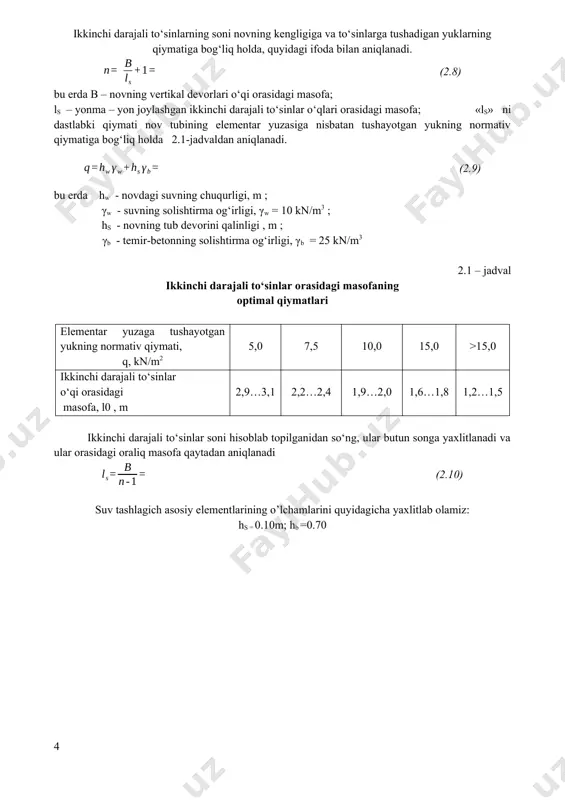 uqurligi, m ; γw - suvning solishtirma og‘irligi, γw = 10 kn/m3 ; hs - novning tub devorini qalinligi , m ; γb - temir-betonning solishtirma og‘irligi, γb = 25 kn/m3 2.1 – jadval ikkinchi darajali to‘sinlar orasidagi masofaning optimal qiymatlari elementar yuzaga tushayotgan yukning normativ qiymati, q, kn/m2 5,0 7,5 10,0 15,0 >15,0 ikkinchi darajali to‘sinlar o‘qi orasidagi masofa, l0 , m 2,9…3,1 2,2…2,4 1,9…2,0 1,6…1,8 1,2…1,5 ikkinchi darajali to‘sinlar soni hisoblab topilganidan so‘ng, ular butun songa yaxlitlanadi va ular orasidagi oraliq masofa qaytadan aniqlanadi (2.10) suv tashlagich asosiy elementlarining o’lchamlarini quyidagicha yaxlitlab olamiz: hs = 0.10m; hb =0.70 m; bb =0.25m; hr =0.60 m; br =0.30m; hc =0.45m; bc =0.30m. 2.1 –rasm. inshootning rejasi, ko’ndalang va bo’ylama qirqimi 3. konsolli yig‘ma temir-beton suv tashlagichning asosiy elementlarini loyihalash va hisoblash 3.1. temir –beton novni loyihalash va hisoblash novning gorizontal va vertikal devorlari nov ichidagi suvning bosimi va o‘z og‘irligi …