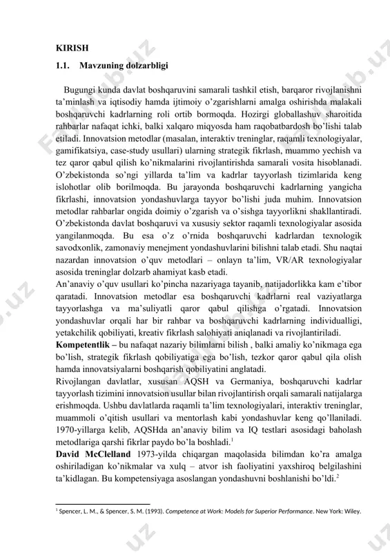 an ko’nikmalar va xulq – atvor ish faoliyatini yaxshiroq belgilashini ta’kidlagan. bu kompetensiyaga asoslangan yondashuvni boshlanishi bo’ldi.[footnoteref:2] [2: mcclelland, d. c. (1973). testing for comptence rather than for intelligence. american psychologist, 28(1), 1-14. https://doi.org/10.1037/h0034092] boyatzis (1982) tomonidan ishlab chiqilgan ,,kompetent menejer’’ modeli rahbarlar samaradorligini aniqlovchi 21 ta kompetensiyani ajratib ko’rsatgan. bu model aqshda ko’plab kompaniyalar va universitetlar tomonidan qabul qilingan. aqshda kompetentlik yondashuvi hr menejment, ta’lim, liderlik va kadrlar tayyorlash tizimlarida keng tarqaldi. bu kompetentlik metodlari asosida tuzilgan dasturlar orqali rahbarlar strategik fikrlash, halollik, moslashuvchanlik va jamoaviylik kabi sifatlarni egallab, yuqori samaradorlikka erishgan.[footnoteref:3] [3: boyatzis, r. e. (1982). the competent manager: a model for effective performance. new york: john wiley & sons.] germaniyada kompetensiyaga asoslangan yondashuv 1980-yillarda kasb-hunar ta’limi doirasida muhokama qilingan bo’lsada, 1990-yillarda ,,hayot davomida o’qish’’ tamoyili asosida tadbiq etila boshlandi. germaniyaning mashhur ,,dual sistemasi’’da kompetentlik asosiy tushunchaga aylandi. kompetensiya bu yerda faqatgina bilim emas, balki harakatga tayyorlik, ma’suliyat …