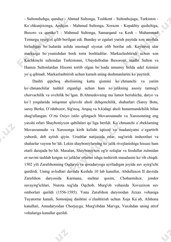 larning xo`jalik rivojlanishiga hissasi ham etarli darajada bo`ldi. masalan, shayboniyxon og'ir soliqlar va feodallar zulmidan er-suvini tashlab ketgan xo`jaliklar erlarini ishga tushirish masalasini ko`rib chiqdi. 1502 yili zarafshonning oqdaryo va qoradaryoga ayriladigan joyida suv ayirg'ichi qurdirdi. uning avlodlari davrida keshda 10 lab kanallar, abdullaxon ii davrida zarafshon daryosida karmana, mehtar qosim, choharmikor, jondor suvayirg'ichlari, nurota tog'ida oqchob, murg'ob vohasida xovuzixon suv omborlari qurildi (1556-1585). yana zarafshon daryosidan jizzax vohasiga tuyatortar kanali, somonjuq dashtini o`zlashtirish uchun xoja ka`ab, afshona kanallari, amudaryodan chorjuyga, murg'obdan marvga, vaxshdan uning atrof vohalariga kanallar qazildi. o`sha davr manbalarining ma`lumot berishicha zarafshon va farg'ona vodiylari asosiy dehqonchilik hududlari bo`lgan. termiz, atrofi esa bug'doy ekishga qulay edi. xorazmga ham g'alla amudaryo orqali shu erdan olib kelingan. don ekinlaridan bug'doy, arpa, tariq, qo`qonda makkajuxori ko`p ekilgan. ma`lum bir tumanlarda sholi, dukkakli ekin (mosh, no`xot, loviya) ekilgan. texnika ekinlaridan paxta faqat xo`jalikdagina emas, davlat miqyosida ham, tashqi savdoda ham muhim …