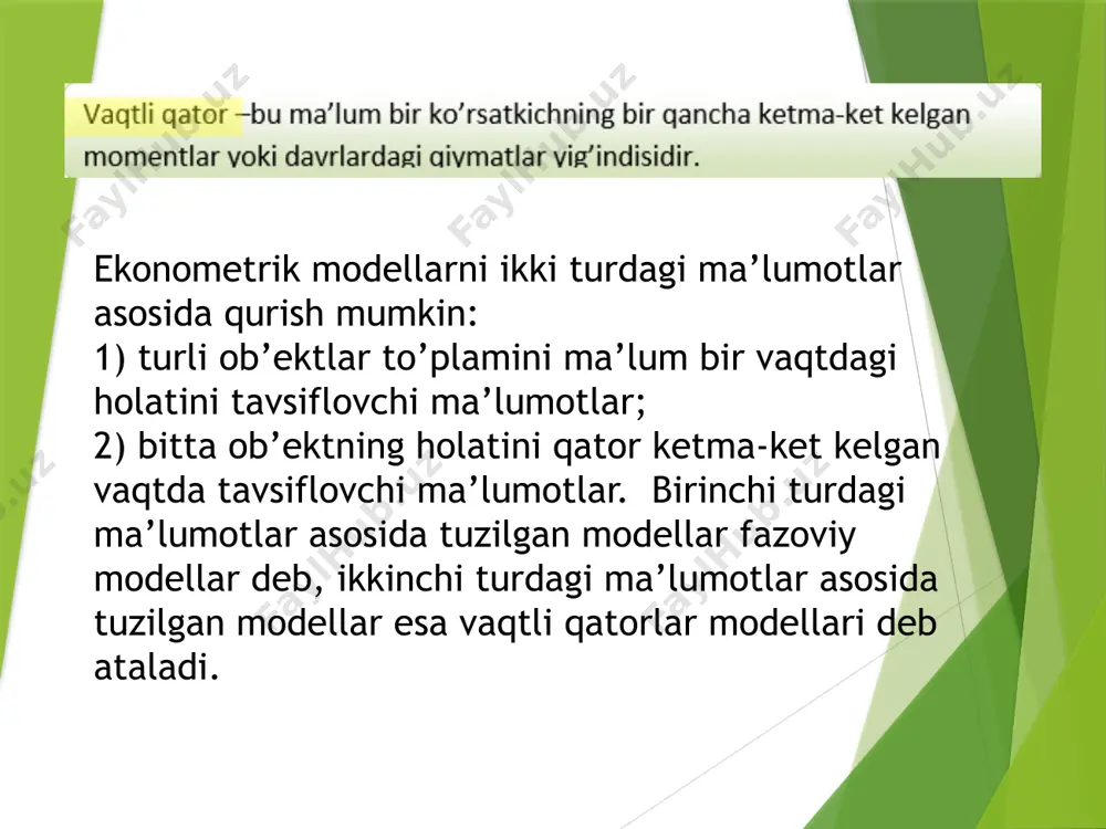 bilan bog’liq bo’lgan tsiklik tebranishlarni aniqlash mumkin. b)-rasmda faqat mavsumiy komponentaga ega bo’lgan gipotetik davriy qatorlar keltirilgan. ayrim vaqtli qatorlar hech qanday tendentsiyaga va davriy komponentalarga ega bo’lmaydi, ularning har bir keyingi darajasi qatorning o’rtacha darajalari yig’indisi va ayrim (manfiy yoki musbat) tasodifiy komponentalardan tashkil topadi. v)-rasmda faqat tasodifiy komponentalarga ega bo’lgan qator keltirilgan. albatta, yuqorida keltirilgan modellarning hech biridan to’lig’icha haqiqiy ma’lumotlar kelib chiqmaydi. asosan, modellar uchchala komponentalarni o’z ichiga oladi. qatorning har bir darajasi tendentsiya, davriy tebranishlar va tasodifiy komponentalar ta’sirida shakllanadi. ko’p holatlarda vaqtli qatorlarning haqiqiy darajasini trend, tsiklik va tasodifiy komponentalarning yig’indisi yoki ko’paytmasi shaklida tasavvur qilish mumkin. uchchala komponentalarning yig’indisidan tuzilgan model vaqtli qatorning additiv modeli deyiladi. chala komponentalarning ko’paytmasidan tuzilgan model vaqtli qatorning multiplikativ modeli deyiladi. mavsumiy va tsiklik tebranishlarni modellashtirish vaqtli qatorning additiv va multiplikativ modeli. mavsumiy yoki tsiklik tebranishga ega bo’lgan vaqtli qatorlar strukturasini tahlil qilishga bir qancha yondoshuvlar mavjud. eng sodda …