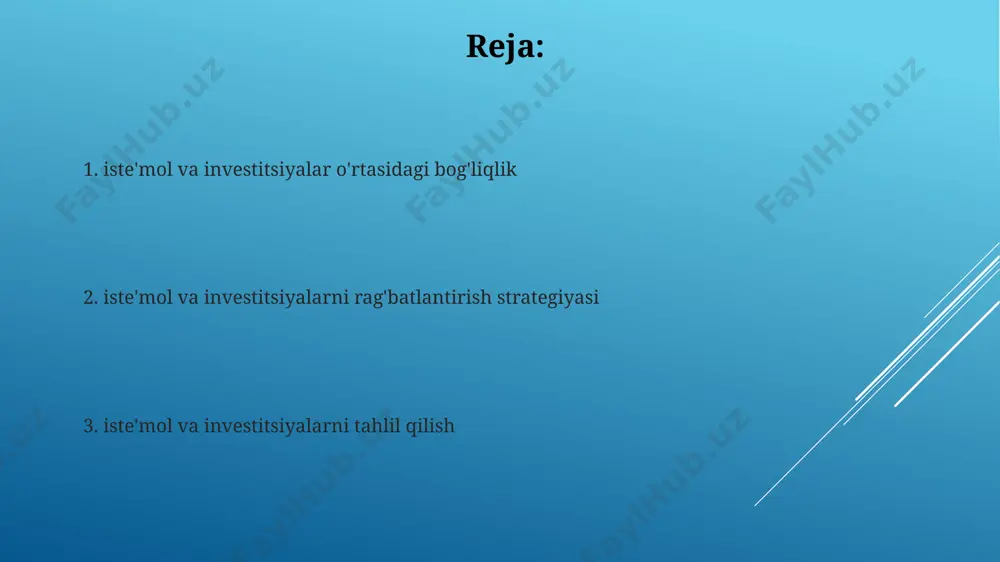 lpi ichki mahsulotning (yaim) o'sishini 2-3% ga oshirishi mumkin, bu esa iste'molga ijobiy ta'sir ko'rsatadi. iste'molning o'sishi, ayniqsa, 70% dan yuqori darajada, investitsiyalarni ko'payishiga olib kelishi mumkin, chunki yuqori talab ishlab chiqarishni kengaytirishni talab qiladi. kelajakdagi iste'mol va investitsiyalar prognozi texnologiyalar sohasidagi investitsiyalar 2025 yilgacha yillik 10% o'sish sur'atlarini saqlab qoladi, bu esa raqamli iqtisodiyotning rivojlanishiga va yangi ish o'rinlarining yaratilishiga yordam beradi. energetika sektoriga investitsiyalar jami investitsiyalar hajmining taxminan 25% ini tashkil etadi va 2030 yilgacha barqaror energiya manbalariga o'tishni ta'minlashga qaratilgan. e'tiboringiz uchun rahmat @taqdimot_robot image1.jpg image2.jpg image3.jpg image4.jpg image5.jpg image6.jpg