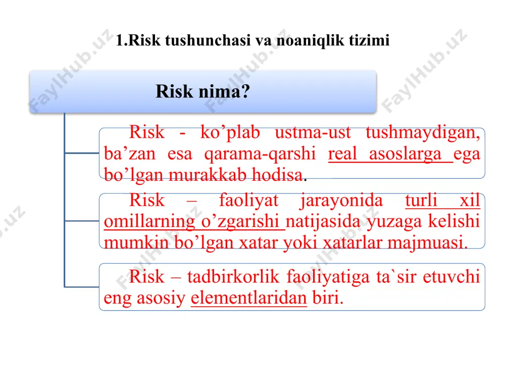 deb ataladi. risk - bu, zararni yuz berish ehtimoli yoki rejalashtirilgan daromadni olmaslik. noaniqlik — bu turli sabablar, eng avvalo, yechimlarni amalga oshirish shart-sharoitlari, jumladan, ular bilan bog’liq sarf-xarajatlar va natijalar haqida ma’lumotlar to’liq emasligi yoki noaniqligi tufayli yuzaga keluvchi turli parametrlarning kelgusi qiymatlari haqida to’liqsiz yoxud noaniq tasavvurlardir. noaniqliklar sxemasi iqtisodiy noaniqlik siyosiy noaniqlik tabiiy noaniqlik vaqtinchalik noaniqliklar noaniqlik turlari tashqi va ichki muhit noaniqligi ziddiyatli vaziyatlar bir-biriga mos tushmagan manfaatlar va vazifalar ko’p maqsadli vazifalar risk elementlari bilan bir qatorda riskni о‘ziga xosligi ham mavjud. bunday о‘ziga xosliklar risk tushunchasining mazmunini bildiradi. u quyidagi о‘ziga xosliklarga ega: qarama-qarshilik; alternativlik; noaniqlik. alternativa bir necha qaror variantlaridan bittasini tanlash alternativa deb ataladi. alternativa alternativaning mavjud emasligi riskni mavjud emasligini anglatadi. alternativa mavjud bо‘lmagan joyda risklar ham mavjud bо‘lmaydi. riskning noaniqligi riskning rо‘y berish shaklini va mazmunini bir-biriga о‘xshamasligi uning noaniqligini bildiradi. “risklarni boshqarish fanidagi tadqiqot usuli risklari va ularni boshqarish …