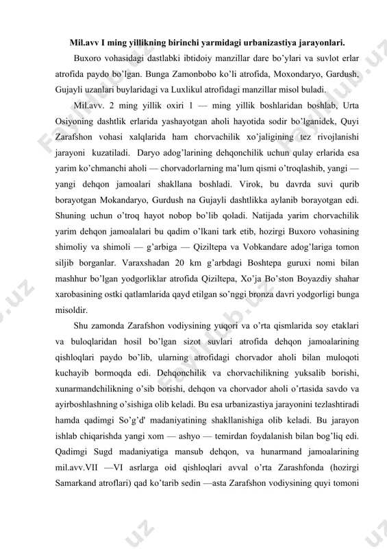 ya jarayonini tezlashtiradi hamda qadimgi so’g’d' madaniyatining shakllanishiga olib keladi. bu jarayon ishlab chiqarishda yangi xom — ashyo — temirdan foydalanish bilan bog’liq edi. qadimgi sugd madaniyatiga mansub dehqon, va hunarmand jamoalarining mil.avv.vii —vi asrlarga oid qishloqlari avval o’rta zarashfonda (hozirgi samarkand atroflari) qad ko’tarib sedin —asta zarafshon vodiysining quyi tomoni bo’ylab, navoiy viloyatining qalkonota konimex tumani hamda varaxshaning g’arbida ham paydo bo’lgan. mil.avv. vi—v asrlarda buxoro vohasining shimoliy va shimoli — g’arbiy hdudlar konimex va vobkandare atroflaridagi yorlar o’zlashtirilib, o’troq dehqon qishloqlari qad ko’tara boshlagan. bu qishloqlarning deyarli hammasi daryo tarmoqlarining arnalari yoqasida joylashgan. suvga yaqin bunday erlarda dehqonchilik qilish ancha qulay bo’lgan. arxeologik tadqiqotlar natijasida shu zamonga mansub bir qator qishloq xarobalari topib o’rganilgan. ular konimex tumanidan 5 km g’arbdagi qumrabot, arabon—1, arabon —2 va chordara degan joylar qum ostida ancha yaxshi saqlangan ekan. kumrabod qishloq xarobalarini a.r.muxammadjonov tekshirgan. tekshirishlar natijasida qishloq paydo bo’lgan vaqt, imorat tuzilishi, xo’jaligi, …