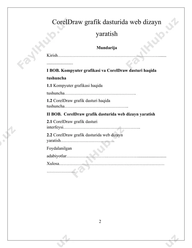 chiga olgan. uning yordamida oddiy chizmalar, planlar, sodda shakllardan boshlab, katta o ‘lchamdagi murakkab bannerlar, kitoblar, jumatlar, web saytlar dizayni, hatto ijodiy kompozitsiyalar ham tuzish mumkin. tashrif kartalari, blanklar, reklama flayerlari ham ko‘p hollarda coreldraw dasturidan foydalanib bajariladi. coreldrawning afzallik tomonlari uning aniq koordinatalar bilan ishlashidadir. ya’ni, siz chizgan obyektingizni qog‘ozingizning istalgan nuqtasiga ko‘chirishingiz, obyektlarga istalgan o ‘lchamlar berishingiz, ularni to‘g ‘ri proporsional ravishda kichraytirishingiz va kattalashtirishingiz mumkin. uning ichidagi ayrim panellar orqali esa chizmangizning nusxalarini avtomatik ravishda, yuqorida aytilgandek, proporsional o‘zgartirib, ko‘paytirishingiz mumkin. bu, albatta, coreldrawning qo‘llanuvchilar orasida boshqa dasturlarga nisbatan obro‘sini oshiradi. o`zbekiston respublikasi prezidenti sh.m.mirziyoyevning 2020-yil 24-yanvardagi oliy majlisga qilgan murojaatnomasida ta`kidlangan «soha uchun yuqori malakali mutaxassislar tayyorlash maqsadida xorijiy hamkorlarimiz bilan birgalikda 1 million dasturchi» loyihasini amalga oshirilishi dasturlashga bo`lgan e`tibordan darak beradi. bu loyihadan ko`zlangan maqsad kelgusida jamiyatimizning qurilish, energetika, qishloq va suv xo`jaligi, transport, geologiya, kadastr, sog`liqni saqlash, ta`lim, arxiv sohalarini raqamlashtirishdan iborat. hozirda …