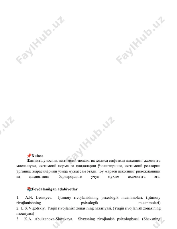 abiyotlar 1. a.n. leontyev. ijtimoiy rivojlanishning psixologik muammolari. (ijtimoiy rivojlanishning psixologik muammolari) 2. l.s. vigotskiy. yaqin rivojlanish zonasining nazariyasi. (yaqin rivojlanish zonasining nazariyasi) 3. k.a. abulxanova-slavskaya. shaxsning rivojlanish psixologiyasi. (shaxsning rivojlanish psixologiyasi) 4. e. erikson. shaxsning psixososial rivojlanishi
