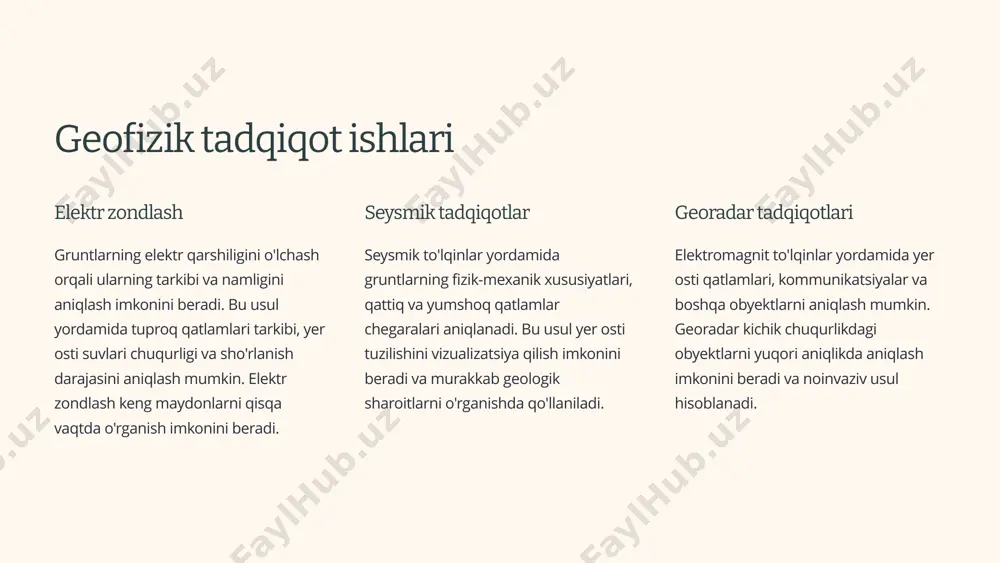 shloq xo'jaligi yuqori hosildorlik va samaradorlik 2 samarali sug'orish va zax qochirish optimal loyihalar va konstruksiyalar 3 sifatli injener-geologik ma'lumotlar aniq va ishonchli tadqiqotlar 4 zamonaviy tadqiqot usullari ilg'or texnologiyalar va standartlar sug'orish va zax qochirish maydonlari loyihasini asoslash uchun o'tkaziladigan injener-geologik syomka qishloq xo'jaligining barqaror rivojlanishida muhim ahamiyatga ega. sifatli tadqiqotlar asosida ishlab chiqilgan loyihalar sug'orish tizimlarining uzoq muddat samarali ishlashini ta'minlaydi va meliorativ tadbirlar samaradorligini oshiradi. kelajakda ushbu soha gis texnologiyalari, sun'iy intellekt va masofadan zondlash usullarining yanada kengroq joriy etilishi bilan rivojlanadi. bu esa injener-geologik tadqiqotlar sifatini oshirish, aniqligini ta'minlash va natijalarni tezroq olish imkonini beradi. shuningdek, iqlim o'zgarishi sharoitida adaptiv sug'orish va zax qochirish tizimlarini ishlab chiqish muhim yo'nalish bo'lib qoladi. 10 image1.png image2.png image3.png image4.png image5.png image6.png image7.png image8.png image9.png image10.png image11.png image12.png image13.png image14.png image15.png image16.png image17.png image18.png image19.png