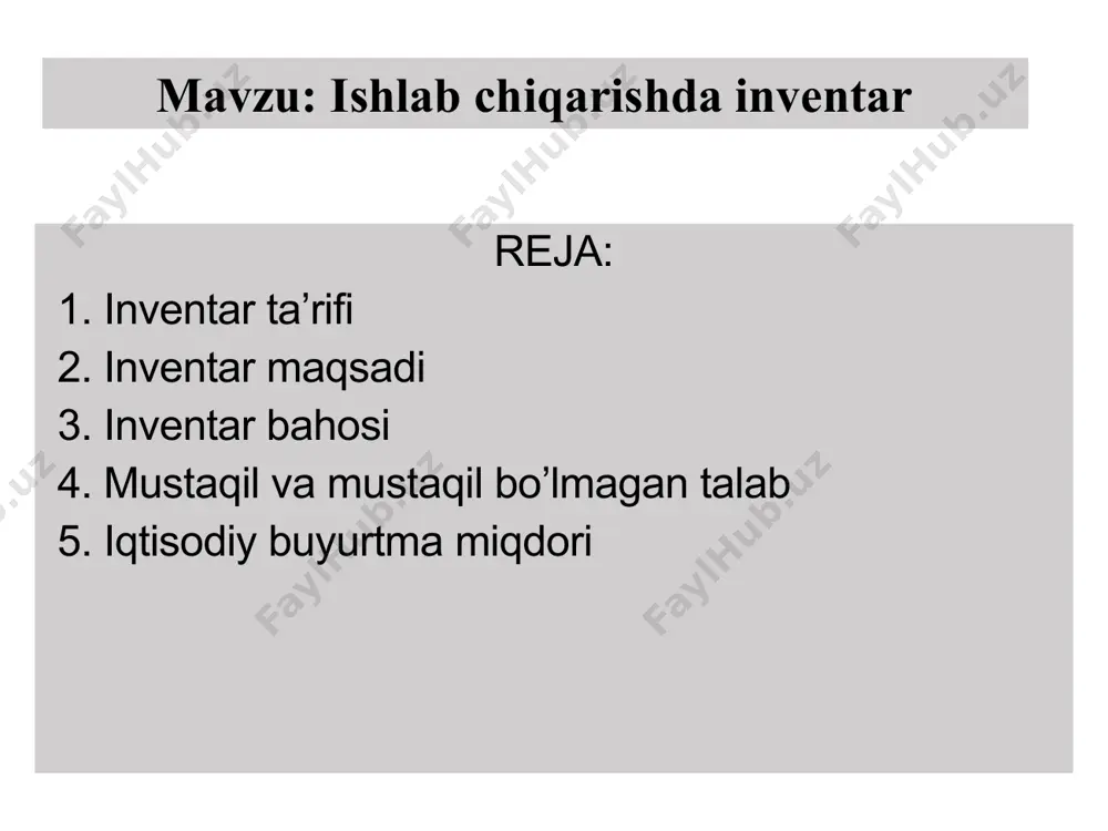 i taklifdagi o'zgarishlarni qoplash uchun talablar yoki takliflar o'zgarishi kutilayotgan bir necha holatlar mavjudligi uchun, firmalar zaxiralarni saqlashga olib keladi mavsumiy korxonalardagi firmalar ko'pincha ish bilan ta'minlash uchun talabni oldindan taxmin qilishadi inventar maqsadi 4. tranzitni ta'minlash ta'minot zanjirida bir nuqtadan ikkinchisiga o'tadigan zaxiralar tranzit zaxiralari deb ataladi ushbu tovar zaxiralari butun dunyo bo'ylab tovarlarni tashish uchun samolyotlar o'rniga kemalar ishlatilganda katta hajmga ega bo'lishi mumkin firmalar turli transport variantlarini baholashda xarajatlar va vaqt omillarini taqqoslashadi inventar bahosi inventar narxi tarkibiga quyidagi to'rt turdagi narsalar kiradi: 1. mahsulot narxi inventar buyumlarini sotib olish yoki ishlab chiqarish xarajatlari 2. buyurtma (yoki sozlash) narxi buyumlarga ko'p buyurtma berishda ushbu xarajat kelib chiqadi bu xarajatlarga buyurtma yaratish, buyurtmani tezlashtirish, transport xarajatlari, qabul qilish xarajatlari va boshqalar kiradi inventar bahosi inventar narxi tarkibiga quyidagi to'rt turdagi narsalar kiradi: 3. ushlab turish narxi ularni ma'lum vaqt davomida zaxirada saqlash bilan bog'liq ushlab turish narxi odatda …