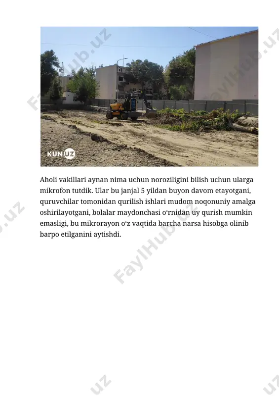 shu loyiha bo‘yicha qilingan. biroq bugunga kelib, aholi noroziliklaridan so‘ng loyiha o‘zgartirilgan. endi avvaldan mavjud «dom»larga taqab emas, 3 pod'yezdli ikkita dom alohida quriladi va ulardan biri hozirgi bolalar maydonchasi o‘rnida qad rostlaydi. bu quruvchilarning qo‘lidagi bosh reja bo‘yicha va qazilayotgan kotlovan ana shu yangi quriladigan domlarning birinchisiniki. eski loyiha bo‘yicha barcha hujjatlar qilingan. biroq quruvchilar aholi noroziligidan so‘ng yangi reja bo‘yicha qilingan loyihani ko‘rsata olishmadi. ya'ni, qurilish ishlarini amalga oshirish bo‘yicha nurobod tuman ma'muriy sudi tomonidan qayta tiklangan qaror bor, lekin loyiha-qurilish hujjatlari va tegishli organlardan ruxsat yo‘q. viloyat hokimligi matbuot xizmati, shahar arxitektura va qurilish bo‘limi mutaxassislari bilan mazkur masalaga oydinlik kiritdik. mutasaddilar loyiha hujjatlari tayyorlanib, kerakli tashkilotlardan boshqatdan ruxsat olingunga qadar qurilish ishlarini zudlik bilan to‘xtatish zarurligini tushuntirishdi. endi quruvchilar tegishli ruxsat beruvchi organlardan yangi loyiha-qurilish hujjatlarini tasdiqlata olsagina qurilish ishlarini bemalol davom ettiraverishlari mumkin. lekin nega bir paytlar buzilgan 110 kvadrat metr do‘kon uchun qariyb 10 …