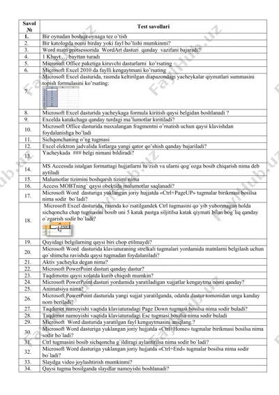microsoft office paketi test savollari — DOC
