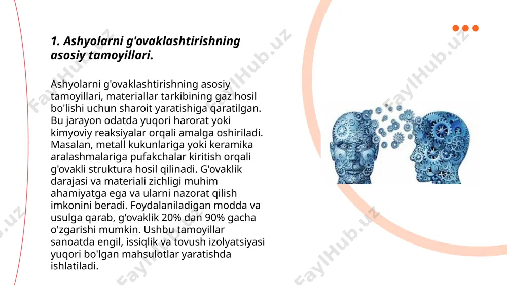 tmosfera bosimida amalga oshiriladi, bunda gazlar hosil bo'ladi va materialda g'ovaklar vujudga keladi. ushbu texnologiya qurilish materiallari, masalan, g'ovakli beton yoki olovga chidamli g'isht ishlab chiqarishda keng qo'llaniladi. g'ovaklashtirilgan materiallar odatda 20-30% yengil bo'ladi va issiqlik o'tkazuvchanligi taxminan 0.1-0.3 vt/(m·k) bo'lishi mumkin. bu xususiyatlar ularni energiya samaradorligi yuqori yoki og'irlikni kamaytirish muhim bo'lgan ilovalarda afzal keltiradi. ... t.me/slaydai_bot 4. fizinaviy usullar bilan g'ovaklashtirish. fizinaviy usullar bilan g'ovaklashtirish ko'pincha turli materiallarni har xil foydalanishlariga moslash uchun qo'llaniladi. bunga issiqlik bilan ishlov berish, mexanik zarbalar yoki yuqori bosim ostida gazlar bilan ishlash kiradi. masalan, alyuminiy kabi metallarni g'ovaklashtirish jarayonida ularning zichligi kamayadi va o'ziga xos mexanik xususiyatlar hosil bo'ladi. keramika va polimerlar ham turli maqsadlar uchun g'ovak qilinishi mumkin. bir usul sifatida, ko'pik hosil qiluvchi modda materialga qo'shilishi mumkin, natijada hosil bo'lib chiqadigan gazlar materialda g'ovak tuzilishini keltirib chiqaradi. bu usullar amaliyotda keng qo'llanish orqali materiallarning ishlash xususiyatlarini yaxshilashga xizmat qiladi. ... …