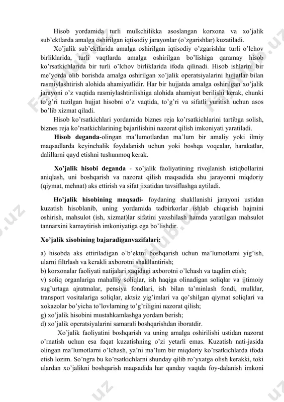 orxona sarf-xarajatlarini kamaytirishga, mablag’lardan samarali foydalanishga olib keladi. hisobning takomillashib borishiga birinchidan ishlab chiqarishning o’sib borishi o’z ta’sirini o’tkazib borsa, ikkinchidan boshqaruv tizimidagi o’zgarishlar ham hisobning rivojlanib borishiga asos yaratadi. hisob yordamida turli mulkchilikka asoslangan korxona va xo’jalik sub’ektlarda amalga oshirilgan iqtisodiy jarayonlar (o’zgarishlar) kuzatiladi. xo’jalik sub’ektlarida amalga oshirilgan iqtisodiy o’zgarishlar turli o’lchov birliklarida, turli vaqtlarda amalga oshirilgan bo’lishiga qaramay hisob ko’rsatkichlarida bir turli o’lchov birliklarida ifoda qilinadi. hisob ishlarini bir me’yorda olib borishda amalga oshirilgan xo’jalik operatsiyalarini hujjatlar bilan rasmiylashtirish alohida ahamiyatlidir. har bir hujjatda amalga oshirilgan xo’jalik jarayoni o’z vaqtida rasmiylashtirilishiga alohida ahamiyat berilishi kerak, chunki to’g’ri tuzilgan hujjat hisobni o’z vaqtida, to’g’ri va sifatli yuritish uchun asos bo’lib xizmat qiladi. hisob ko’rsatkichlari yordamida biznes reja ko’rsatkichlarini tartibga solish, biznes reja ko’rsatkichlarining bajarilishini nazorat qilish imkoniyati yaratiladi. hisob deganda-olingan ma’lumotlardan ma’lum bir amaliy yoki ilmiy maqsadlarda keyinchalik foydalanish uchun yoki boshqa voqealar, harakatlar, dalillarni qayd etishni tushunmoq kerak. …