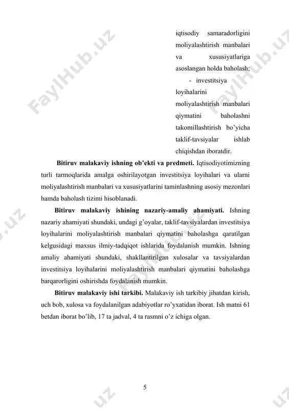 dek, tegishli boshqaruv qarorlari va tadbirlarni o’zida mujassamlashtiruvchi tizim sifatida talqin qilish maqsadga muvofiqdir. to’liq shakllangan, yakuniga etgan investitsiya loyihasini tuzish va amalga oshirish umumiy holda quyidagi bosqichlarni o’z ichiga qamrab oladi: · investitsiya g’oyasini shakllantirish; · investitsion imkoniyatlarni tadqiq etish; · investitsiya loyihasini texnik-iqtisodiy asoslash; · shartnoma hujjatlarini tayyorlash; · loyiha (ishchi) hujjatlarini tayyorlash; · qurilish-montaj ishlari; · ob’ektni ishga tushirish va investitsiya loyihasi (iqtisodiy ko’rsatkichlar) monitoringini olib borish. investitsiya loyihasi o’z maqsadi, yo’nalishi, amal qilish sohasi, muddati va chegarasiga ega bo’lgan alohida faoliyat turi hisoblanadi. u tashkiliy, huquqiy, ijtimoiy, ekologik, iqtisodiy jihatdan to’liq va mukammal hisob-kitoblar yordamida asoslangan yuridik hujjat hisoblanadi. investitsiya loyihasining boshqa hujjat va «loyiha»lardan asosiy farqi shundaki, u haqiqiy hujjat sifatida qaror topishi uchun uning barcha tomonlari maxsus usullar yordamida keng va aniq hisob-kitoblar bilan baholanadi. shuningdek uning amalga oshirilishi muayyan miqdordagi mablag’larni safarbar etishga asoslanadi. investitsiya loyihasi investitsiya g’oyasining shakllanishidan vujudga kelar ekan, uning …