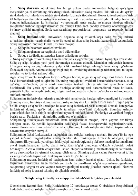 dir. soliqlarning ob’ektiv zarurligini bozor iqtisodiyotiga o‘tishsh sharoitida ikki holat bilan ifodalash mumkin: birinchidan, davlatning qator vazifalarini mablag‘ bilan ta’minlash zarurligi, ikkinchidan, bozor iqtisodiyoti qonun-qoidalari. davlatning bajaradigan funktsiyalari va vazifalari ko‘p va bozor iqtisodiyoti rivojlana borishi bilan ba’zi ijtimoiy himoyalangan bozor munosabatlariga mos kelmaydigan vazifalar paydo bo‘la boshlaydi. bugungi kunda respublikamizda turli xil mulkchilik shaklidagi korxona va tashkilotlar faoliyat yuritib kelmoqdalar. o‘larning faoliyatiga davlatning ha deb aralashuvini yoqtirmaydi, qabul qilmaydi. chunki, bozor iqtisodiyoti erkin iqtisodiyot, bu yerda har bir xo‘jalik sub’ekti erkin faoliyat ko‘rsatadi, butun faoliyatiga o‘zi javob beradi. davlatning ular faoliyatiga aralashuv iga faqat qonun yo‘li bilan, ya’ni soliqlar orqali bo‘ladi. bozor iqtisodiyotiga o‘tish davrida davlatning yangi vazifalari paydo bo‘ladi. bularga bizning respublikamizda kam ta’minlanganlarga ijtimoiy yordam ko‘rsatish, bozor iqtisodiyoti infratuzilmasini tashkil qilish kiradi. shu yerda davlat kuchli sotsial siyosat tadbirlarini amalga oshirish uchun pensionerlar, nafaqaxo‘rlar, talabalar, ko‘p bolali onalar va boshqalarni ko‘proq mablag‘ bilan ta’minlash zarurligini anglab cheklangan …