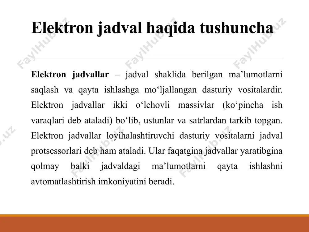 jadvaldagi hi sob lash lar formulalar yordamida bajariladi. formula matematik operatorlar, qiymatlar, katak va funksiyalar nomiga tayanishlardan tashkil topishi mumkin. formula tenglik belgisi dan boshlanadi. formulada arifmetik operatorlar + - * / ishlatilishi mumkin. hisoblashlar tartibi oddiy matematik konunlar bilan belgilanadi. formulalar misollari: =(a4+v8)*s6, =f7*s14+b12. kataklar guruhiga murojaat qilish uchun maxsus belgilardan foydalaniladi: : (ikki nuqta) - kataklar blokiga murojaat qilishni shakllantiradi. ikki nuqta orqali blokning chap yuqori va o‘ng pastki kataklari ko‘rsatiladi. masalan: s4:d6 -s 4 , s5, s6, d4, d5, d6 kataklariga murojaat qilish. ; (nuqtali vergul) - kataklar birlashmasini ifodalaydi. misol uchun, d2:d4;d6:d8 ~d2, d3, d4, d6, d7, d8 kataklariga murojaat qilish. katakga formulani kiritish uchun '=' belgisini va hisoblash uchun formulani kiritish zarur. enter klavishasini bosgandan so‘ng katakda hisoblash natijasi pay do botadi. aifmetik ifodalarda quyidagi arifmetik amallardan foydalanish mumkin: + - qo‘shish; - - ayirish; * - ko'paytirish; / - bo‘lish; л - darajaga ko‘tarish; …