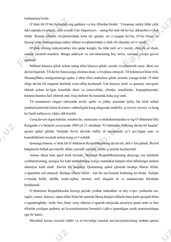 dan biri deb hisoblanadi. ana shu yozuv va makkorona siyosatni amalga oshirishning asosiy yo‘l-yo‘riqlarini ishlab chiqish uchun ishni nimadan boshlash kerakligi haqida taklif mulohaza va xulosalar berish topshirig‘i bilan chor hukumati ko‘pchilik olimlar va boshqa soha kishilarini rossiyadan turkistonga yubordi. o‘zbekiston mustaqilligiga qadar bo‘lgan yetmish to‘rt yil ichida madaniy-ma’rifiy taraqqiyotimiz imkoniyatlaridan to‘la foydalana olmadik. markaz tomonidan yurgizilgan davlat siyosati tufayli milliy ongimiz, milliy tilimiz, taiximiz, urf-odatlarimiz rivojlanishiga yo‘l bermaydigan g‘oyalar paydo bo‘ldi. insonlarning ma’naviy-axloqiy tarbiyasini ta’minlashga ko‘maklashadigan muqaddas kitob qur’oni karim, hadisi sharif, al-buxoriy, at-termiziy, shayx najmiddin qubro, az – zamaxshariy, bahouddin naqshband singari ulamoyu fuzalolarning mo‘tabar asarlari halqdan yashirindi, ularga o‘t qo‘yildi, suvlarga oqizildi. qaramlik va mutelik yillarida sodir bo‘lgan bu dahshatli voqea va hodisalar o‘zbek halqining milliy ma’naviyati muayyan darajada tanazzulga uchrashiga sabab bo‘ldi. milliy ma’naviy qadriyatlardan biri milliy urf-odatlar, an’analar diniy tarbiyaviy marosimlar, halq bayram va sayllari kabilarga qilingan xujum o‘zbek halqi boshiga tushgan og‘ir dard bo‘ldi. …
